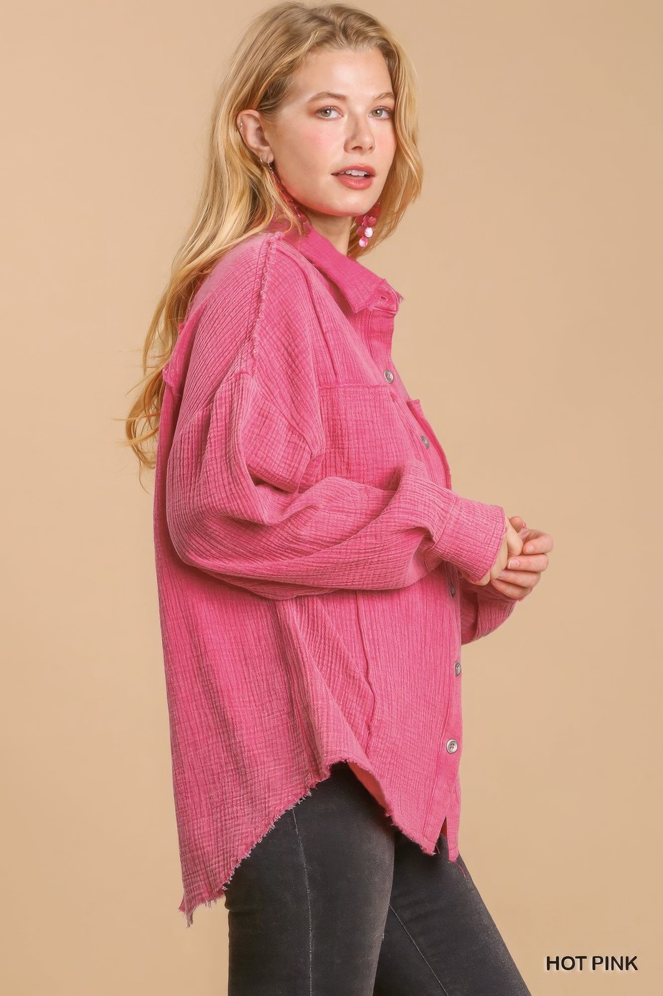 Hot Pink Mineral Wash Button-Front Shirt Secondary image
