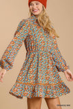 Collared neckline button down floral print dress with crochet trimmed details