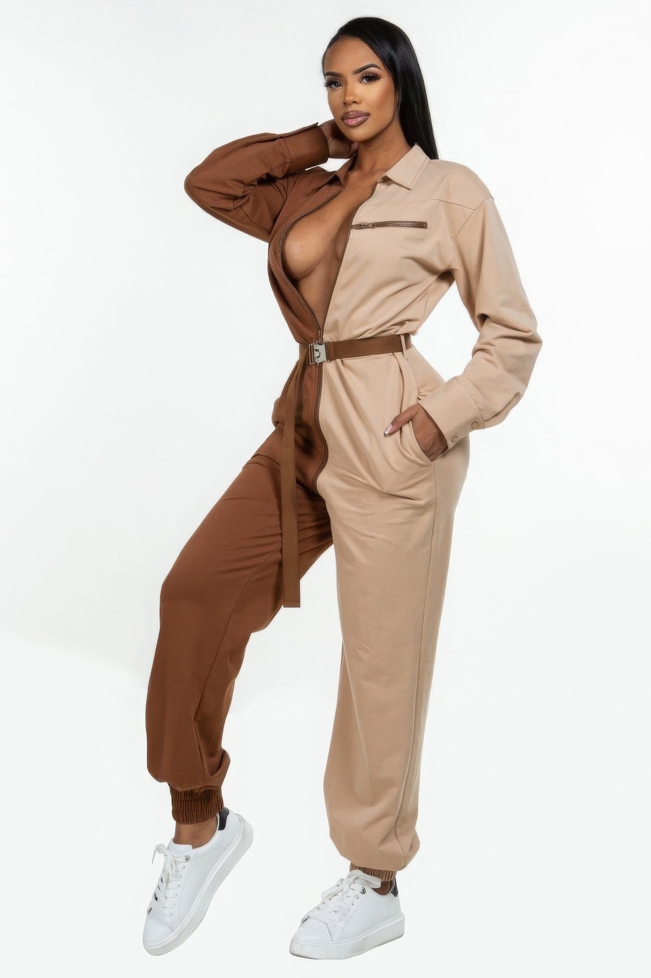 Two-Tone Long-Sleeve Belted Jumpsuit Secondary image