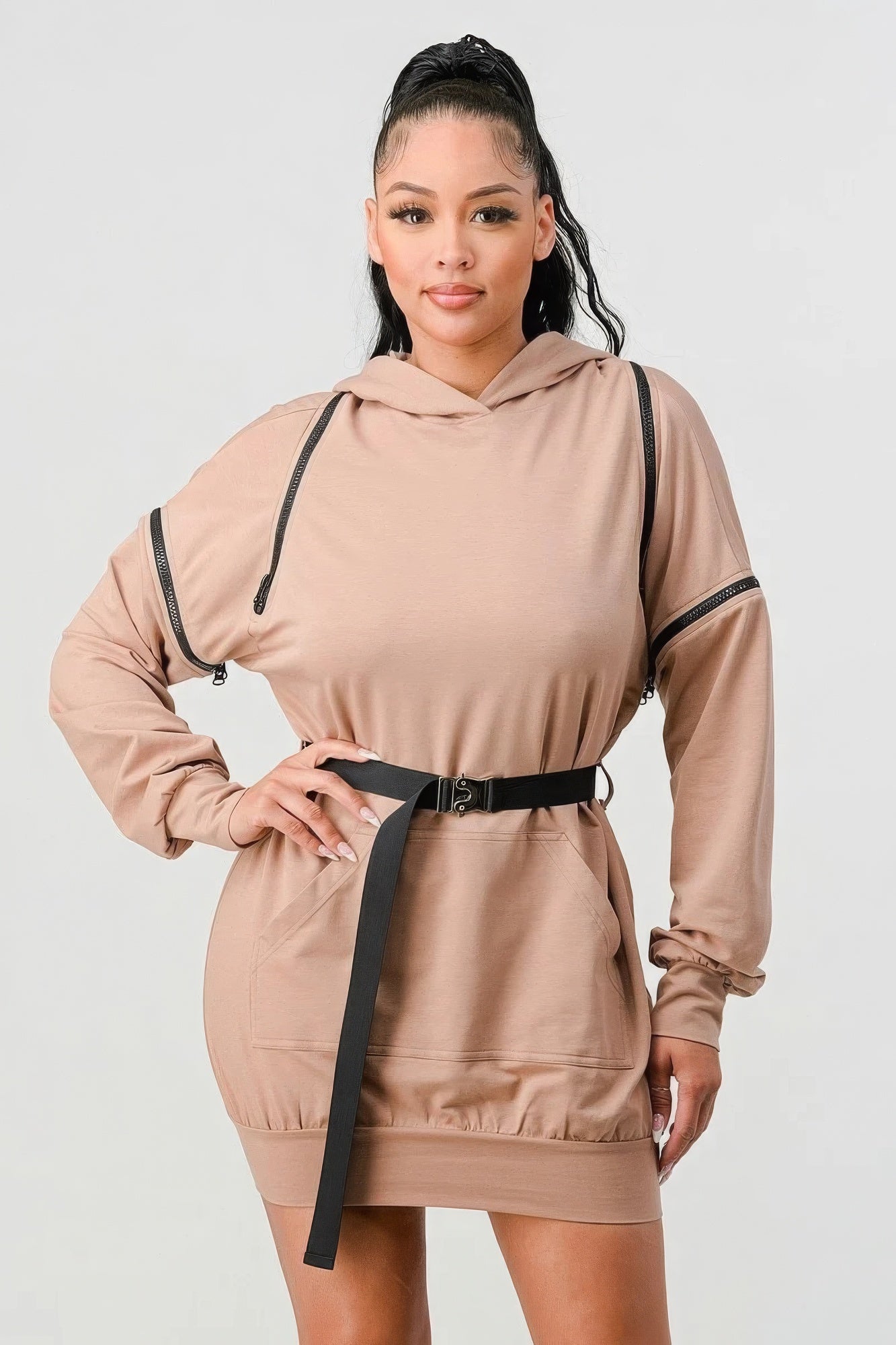 Nude Hooded Mini Dress with Belt and Zip Details Secondary image