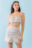 Mint Fuchsia Print Cotton Sleeveless Strappy Crop Top & High Waist Wrap Hem Mini Skirt Set