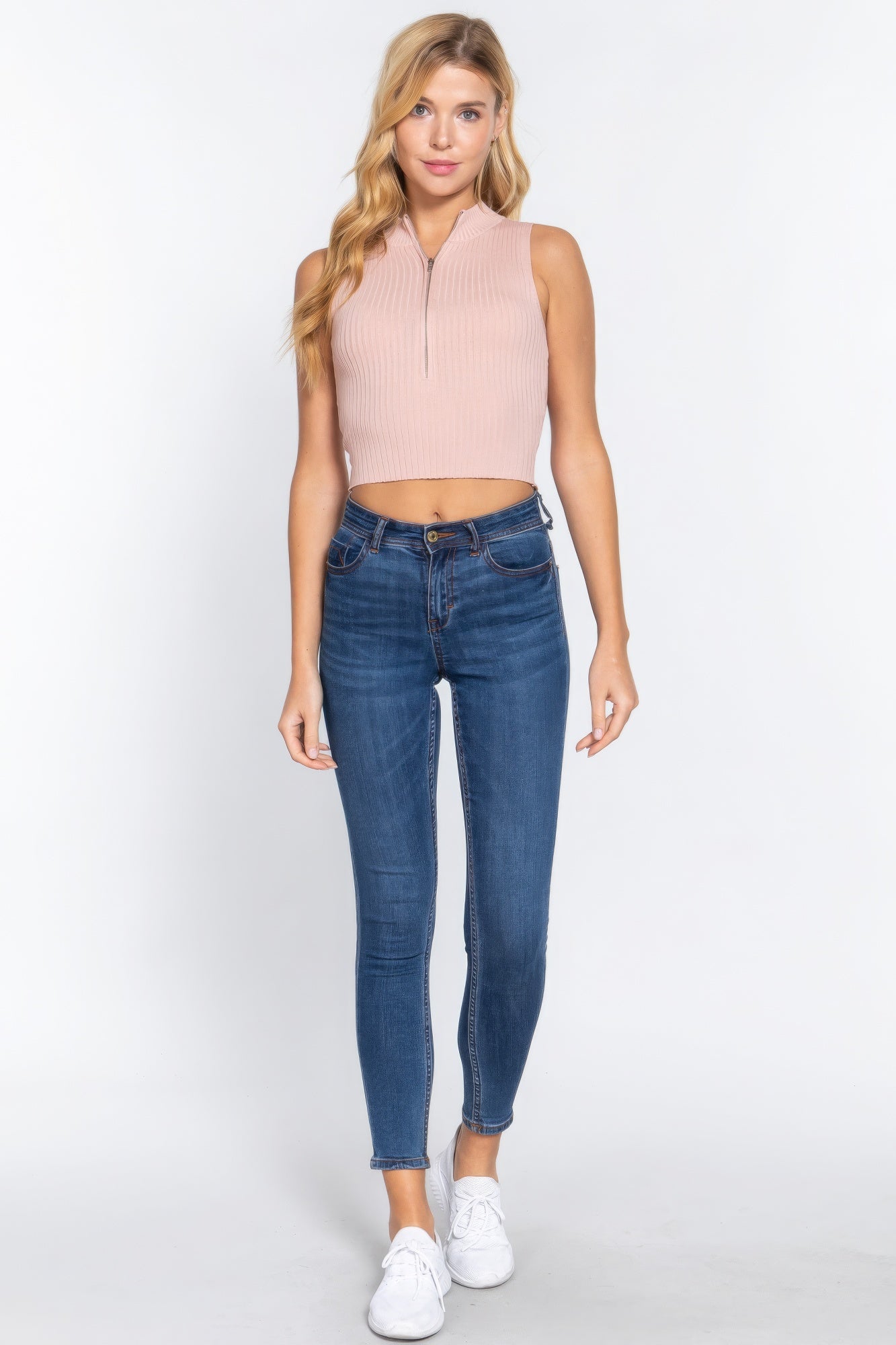 Cloud Pink Ribbed Mock Neck Top with Front Zipper Secondary image