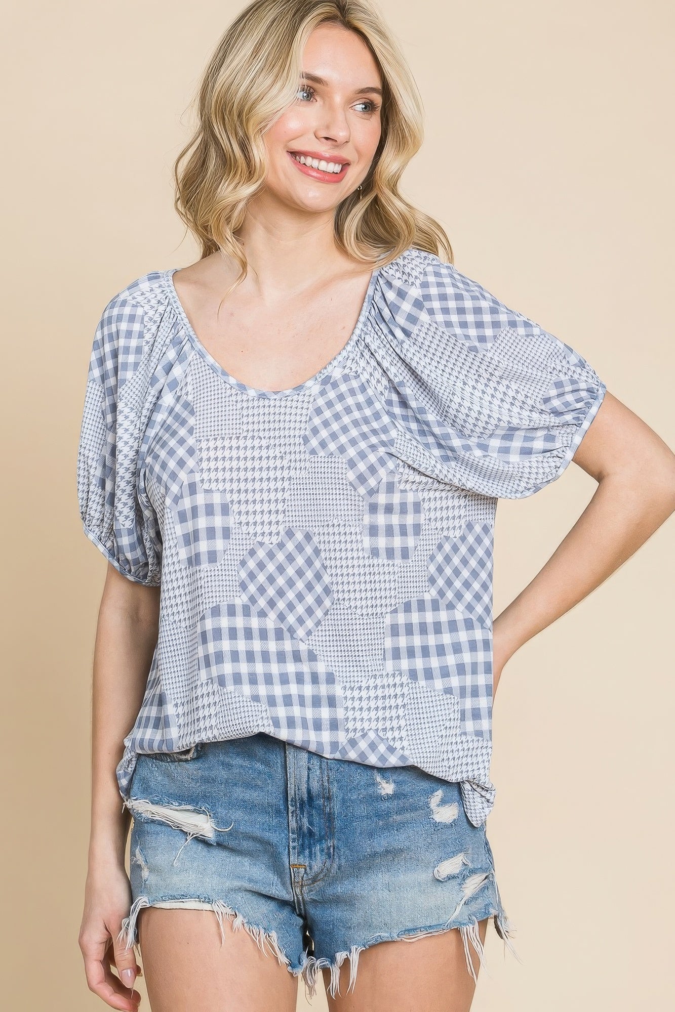 Patchwork Plaid Puff Sleeve Top Secondary image