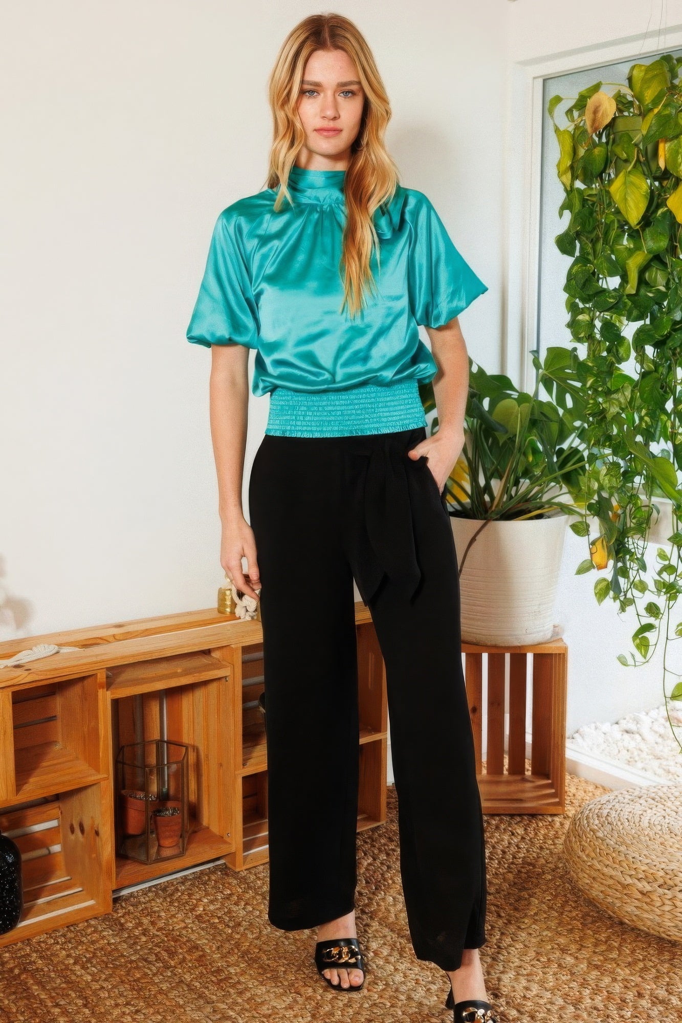 Turquoise Satin Blouse with Smocked Waist and Bow Neck Secondary image