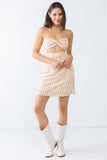 White & Apricot Stripe Print Strapless Twist Cut-out Smocked Back Mini Dress