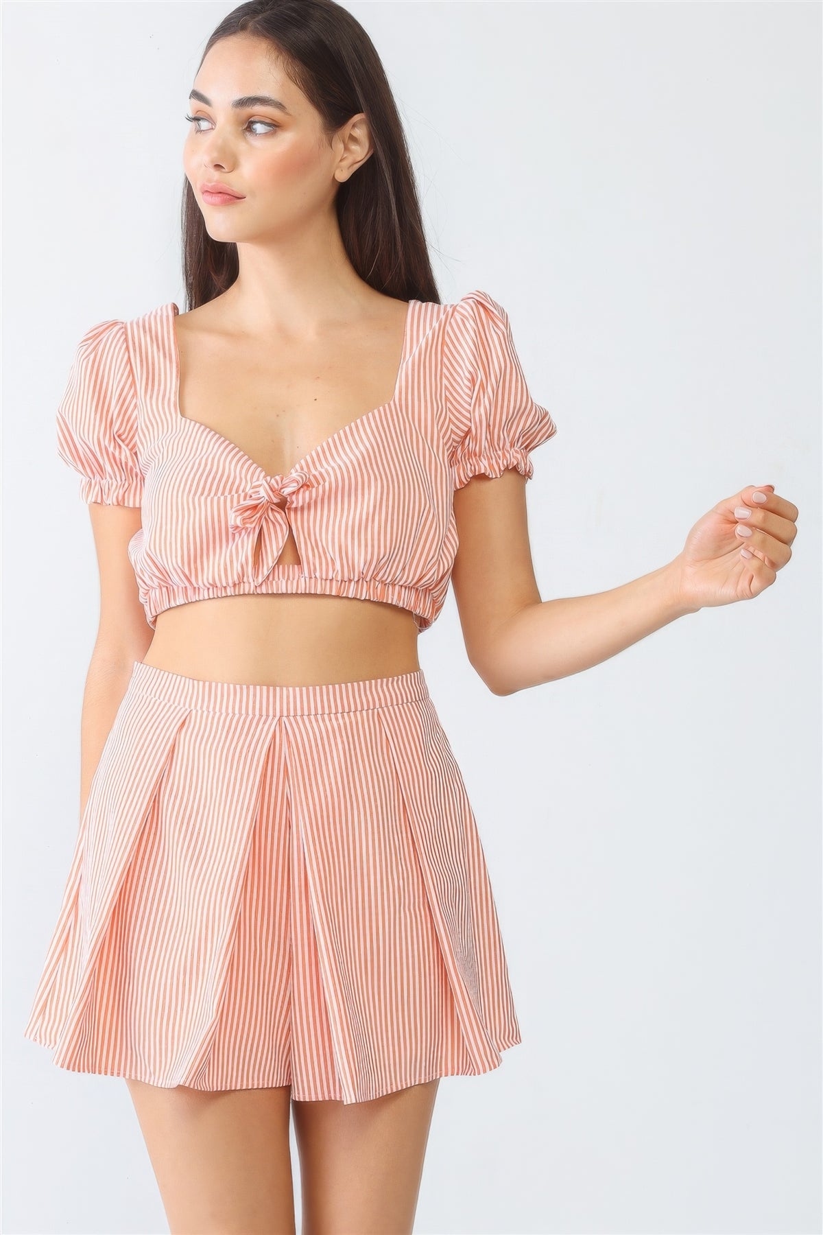 White & Orange Stripe Print Self-tie Short Sleeve Crop Top & High Waist Shorts Set