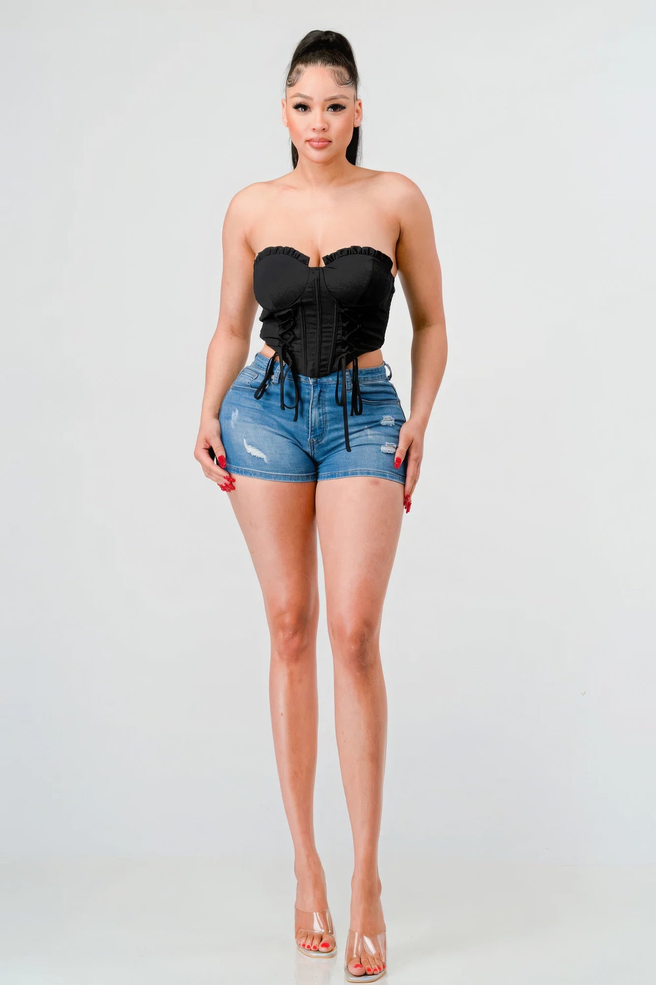 Black Sweetheart Ruffle Drawstring Bustier Top Secondary image