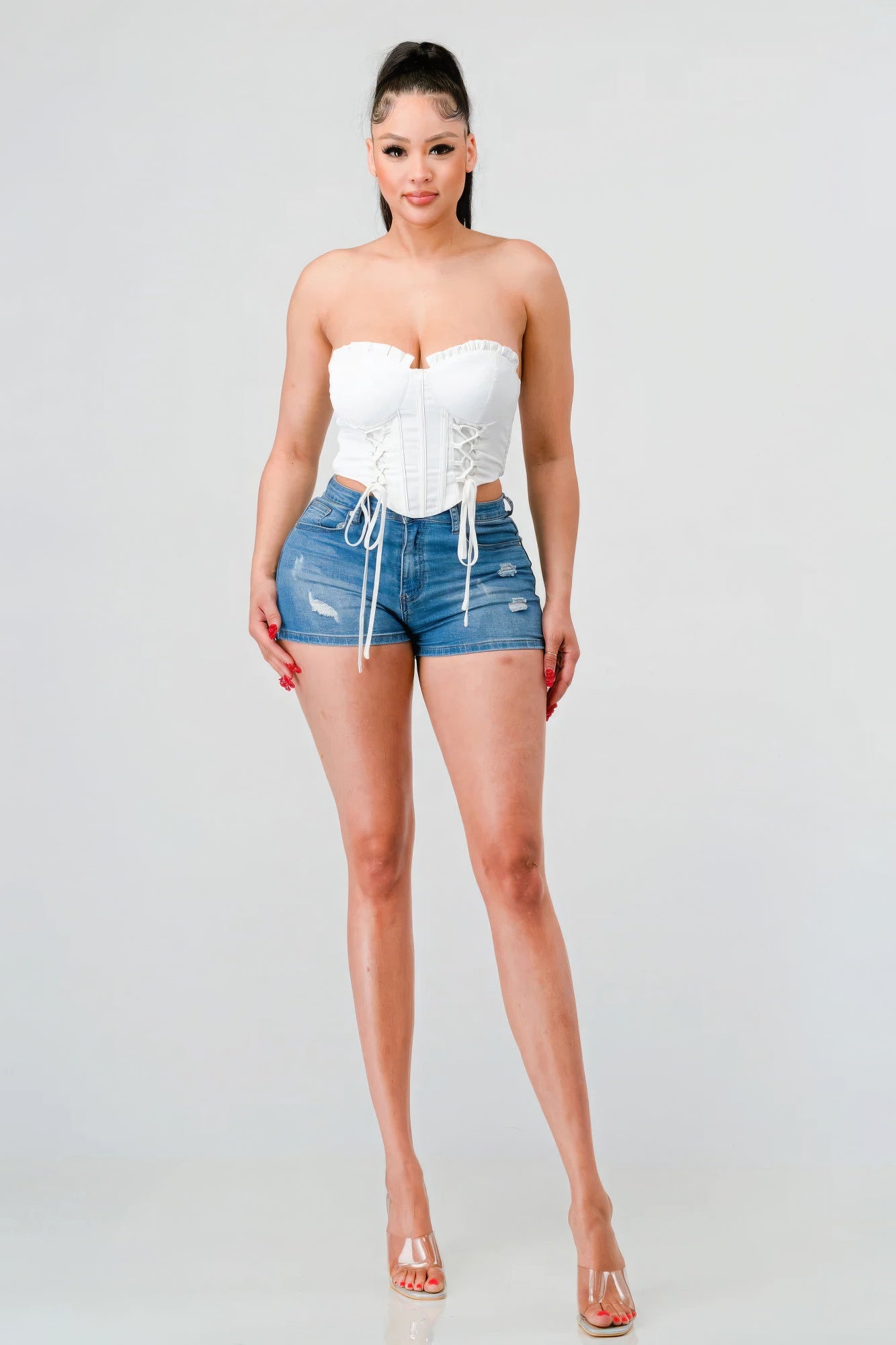 Sweetheart Ruffle Drawstring Bustier Top - Off White Secondary image