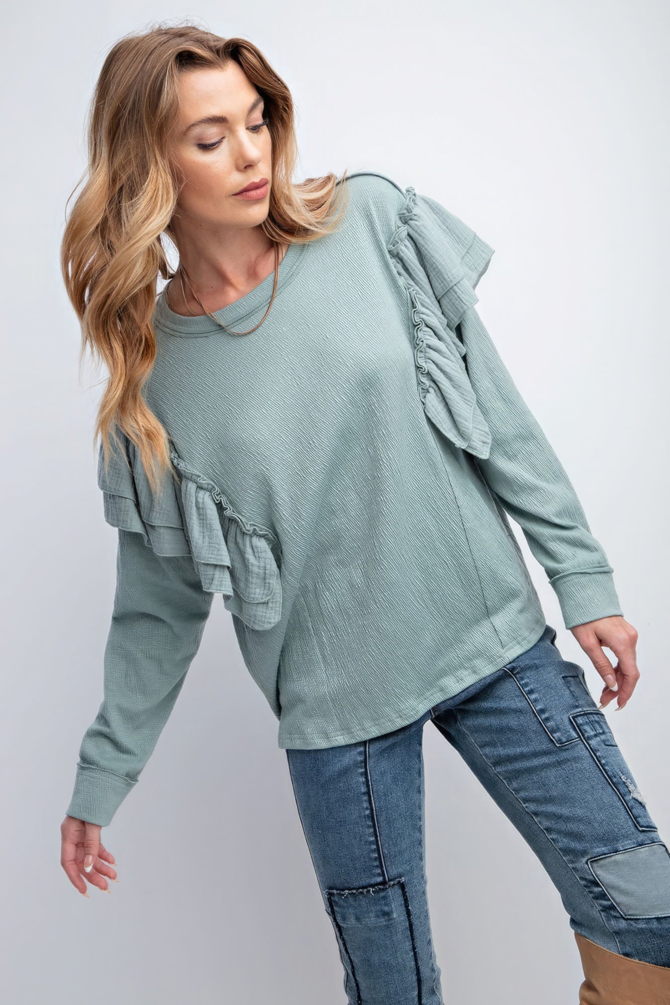 Faded Blue Double-Ruffle Sleeve Top Secondary image