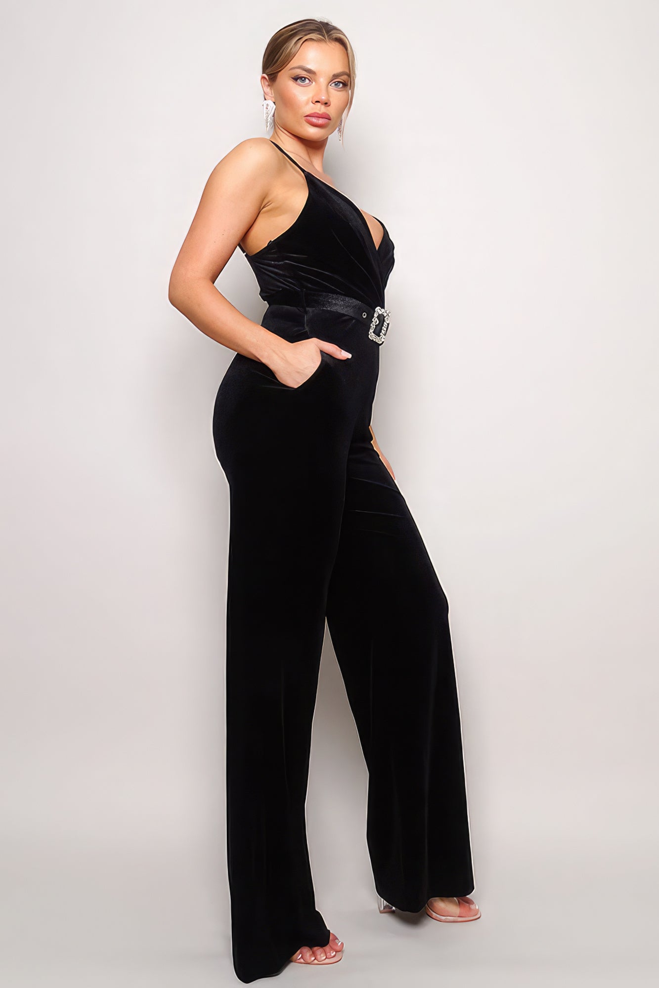 Black Velvet Rhinestone Belt Wide-Leg Jumpsuit Secondary image