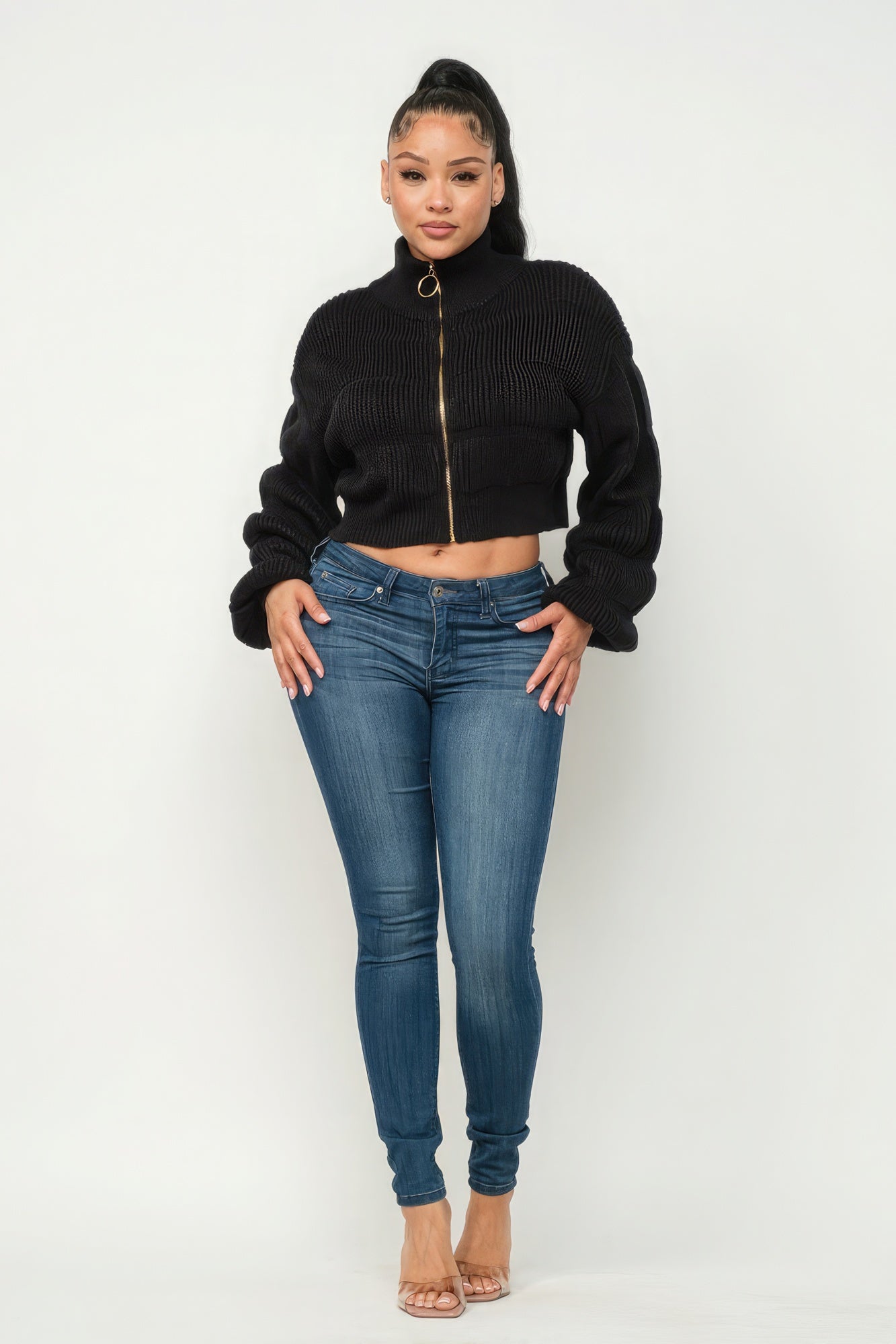 Black Ribbed Knit Sweater Top with Front Zipper Secondary image
