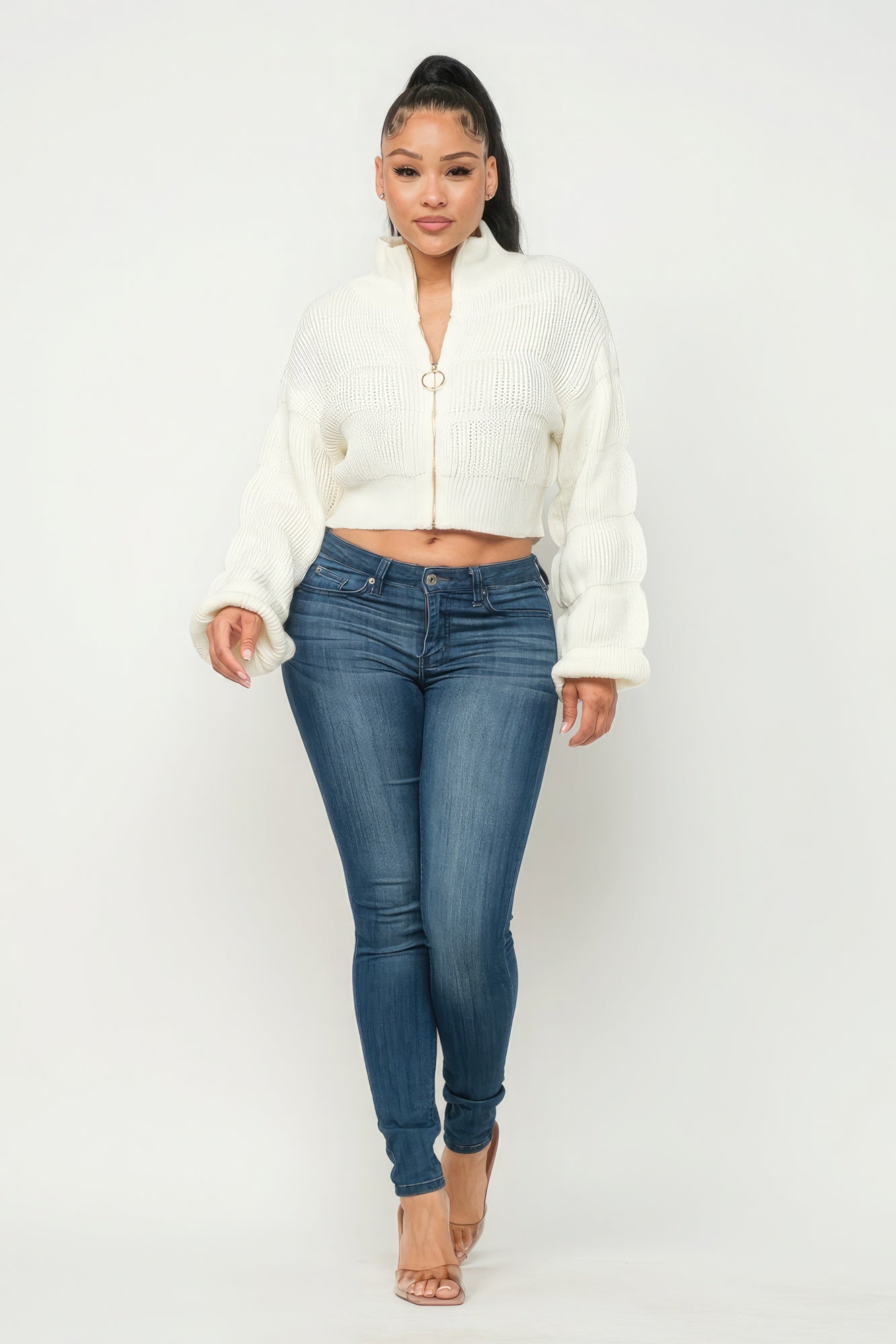 Cream Cropped Knit Sweater Top With Front Zipper Secondary image