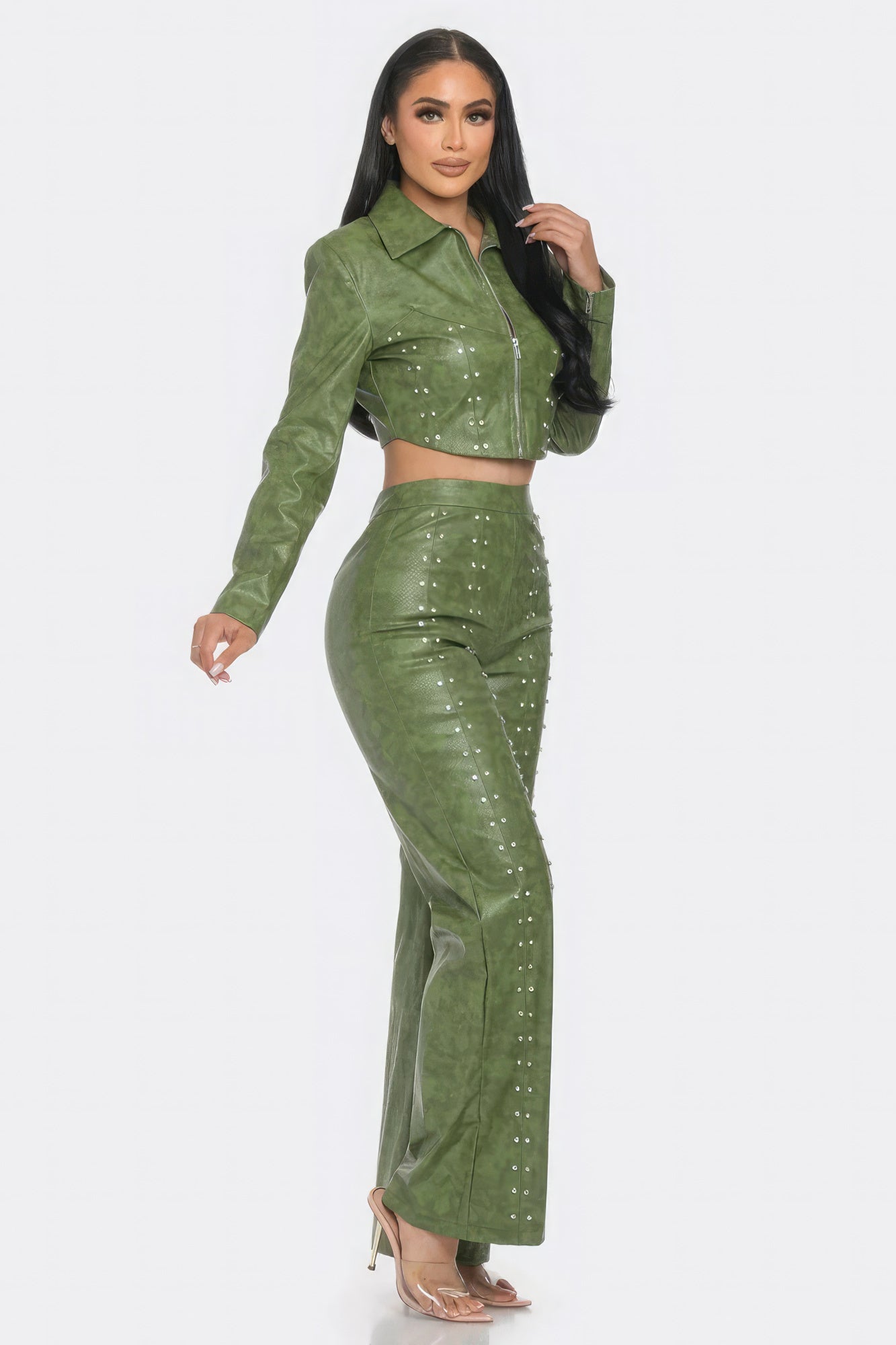 Olive Faux Leather Rhinestone Cropped Jacket Set Secondary image