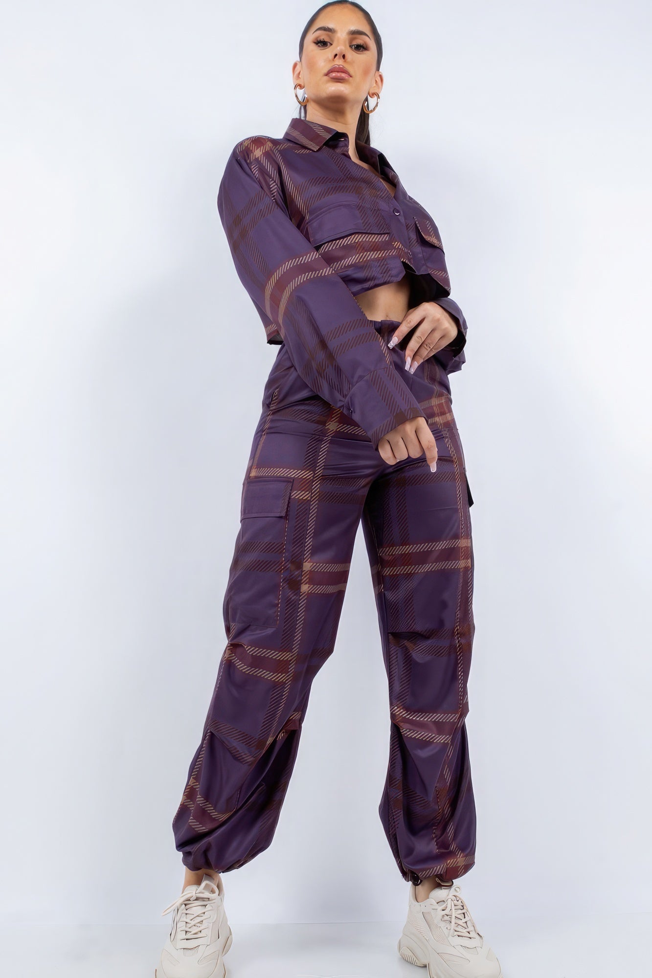 Plum Plaid Cropped Shirt and Cargo Pants Set Secondary image