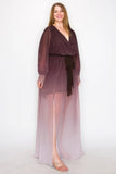 Ombre Chiffon Wrap Front Long Sleeve Tie Waist Slit Front Maxi Dress