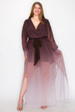 Ombre Chiffon Wrap Front Long Sleeve Tie Waist Slit Front Maxi Dress