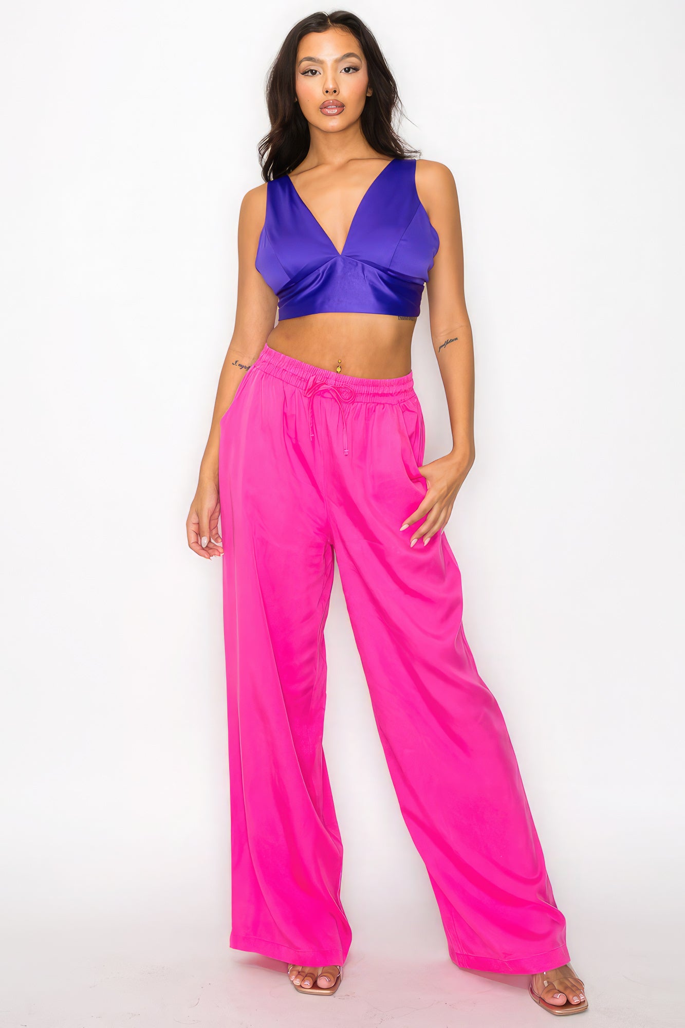 Purple Satin Cropped V-Neck Top Secondary image