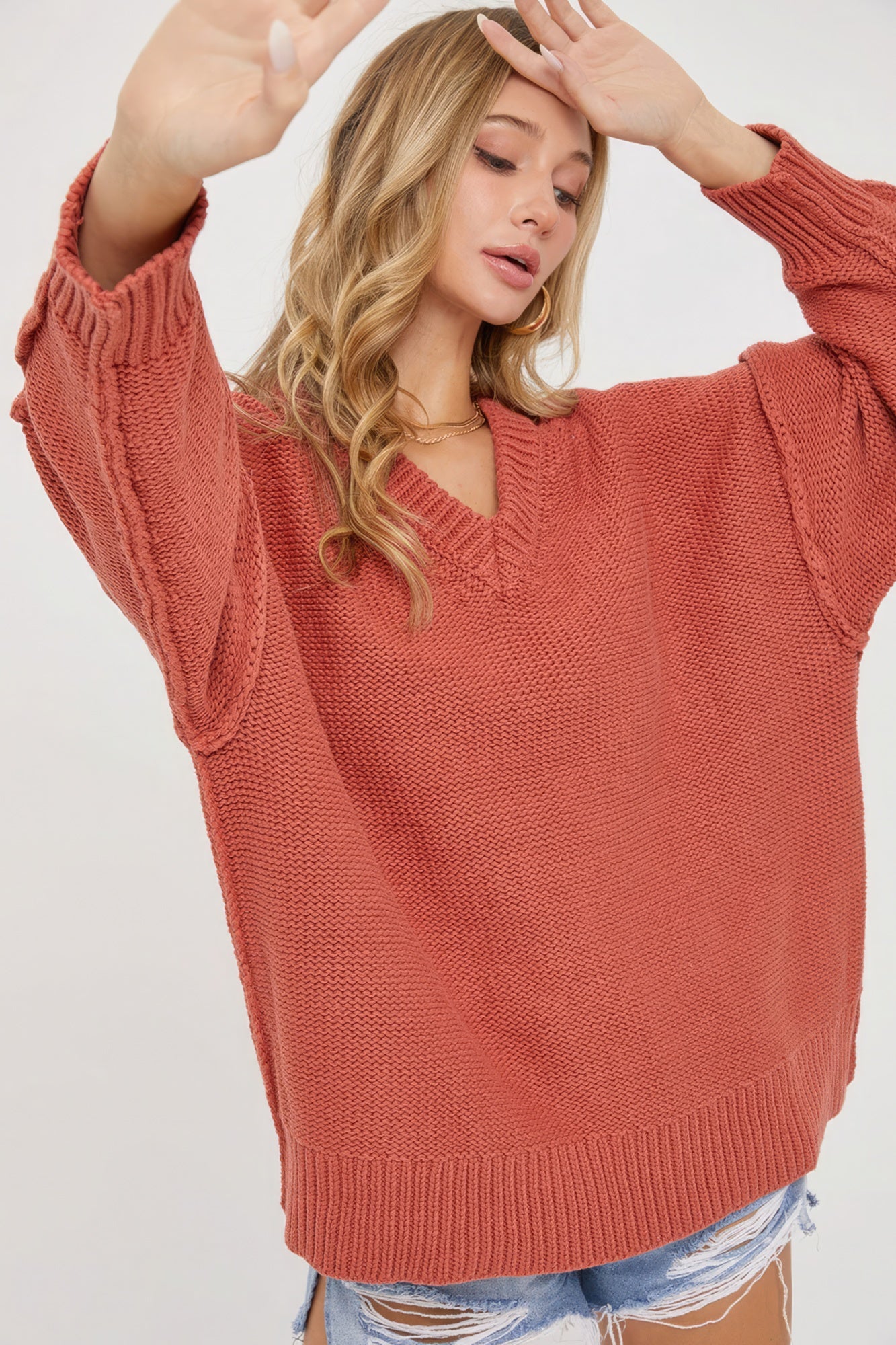 Marsala Chunky Knit V-Neck Sweater Secondary image