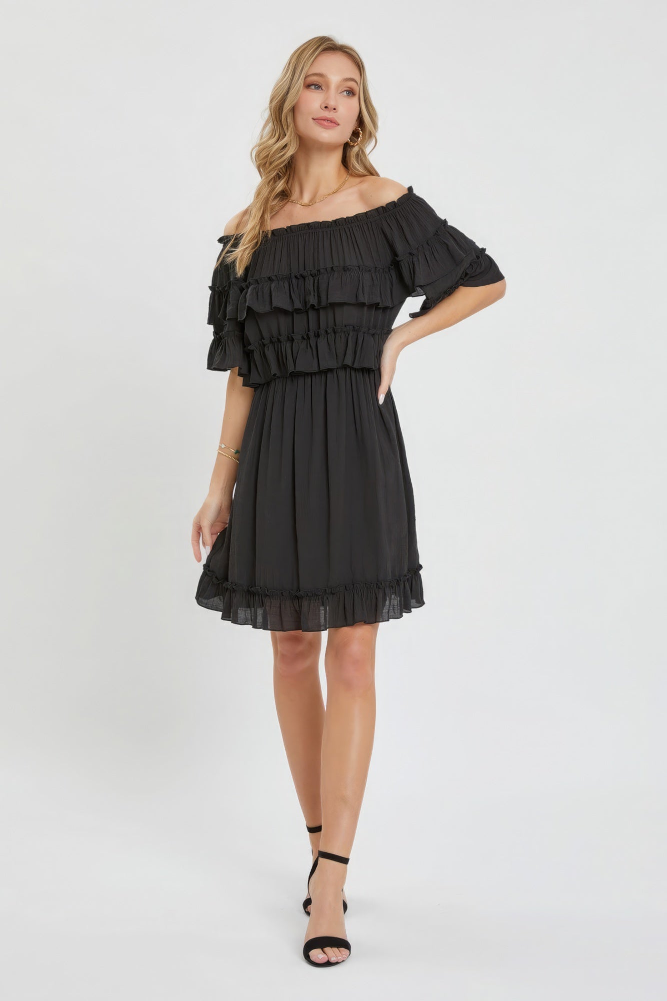 Black Off-Shoulder Tiered Ruffle Dress Secondary image