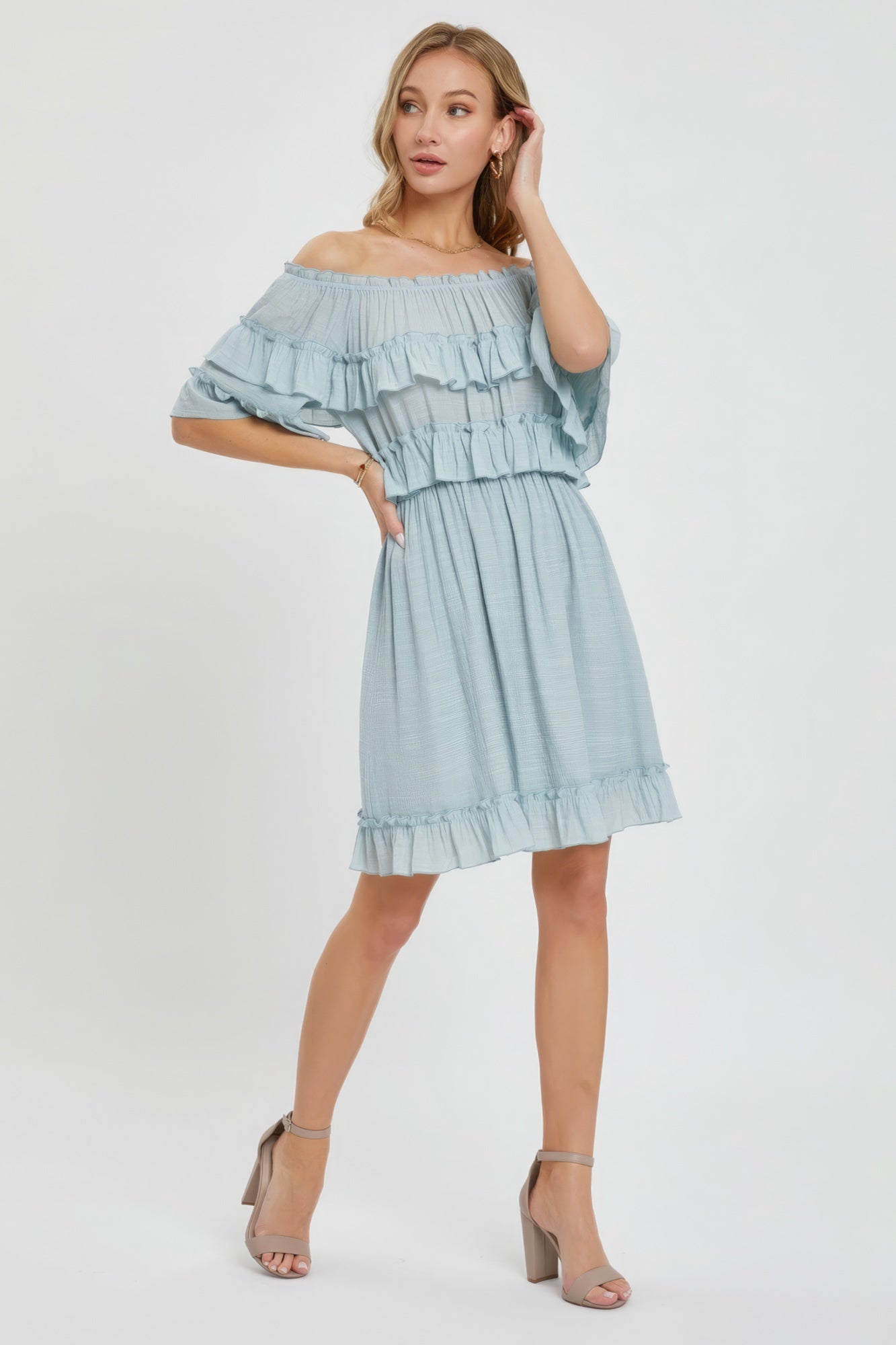Misty Blue Off-Shoulder Ruffle Dress Secondary image