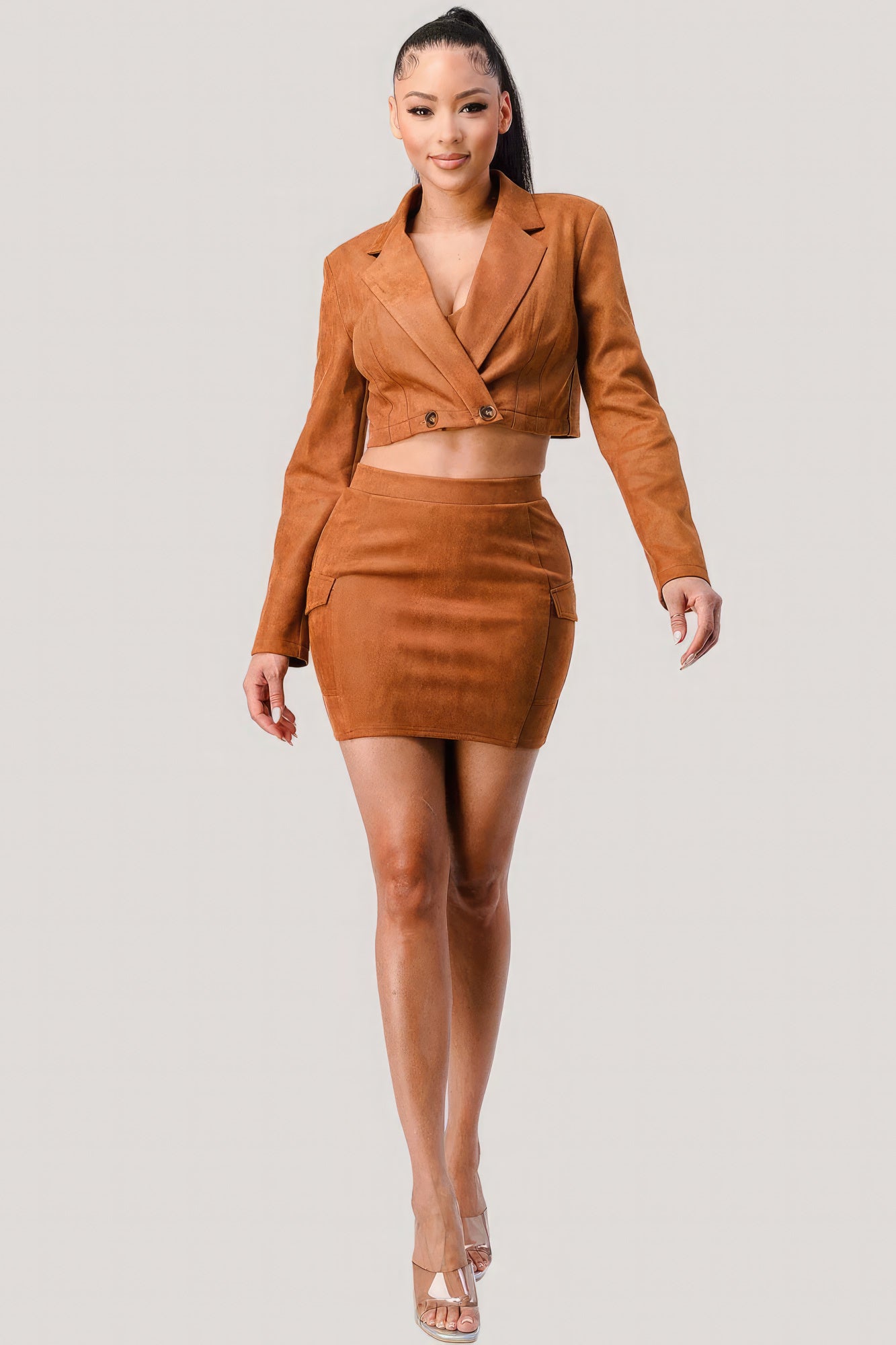 Camel Cropped Blazer, Bralette & Mini Skirt Set Secondary image