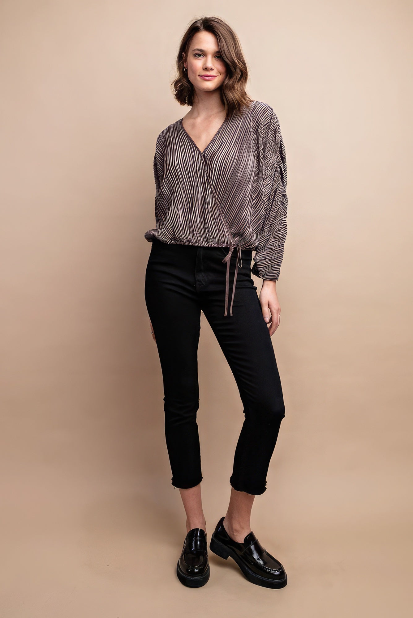 Mocha Pleated Satin Long-Sleeve Top Secondary image