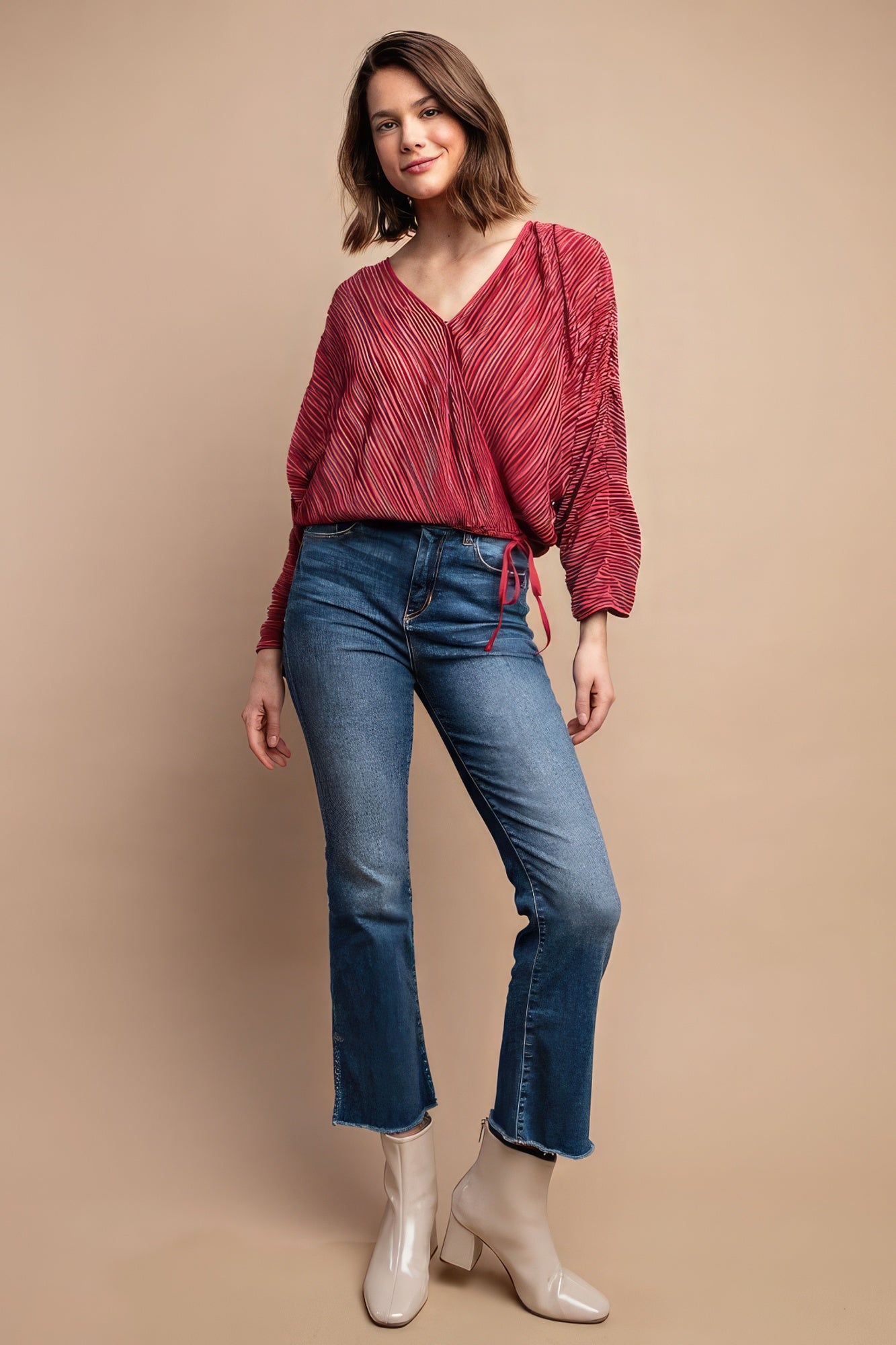 Pleated Satin Drawstring Top in Burgundy Secondary image