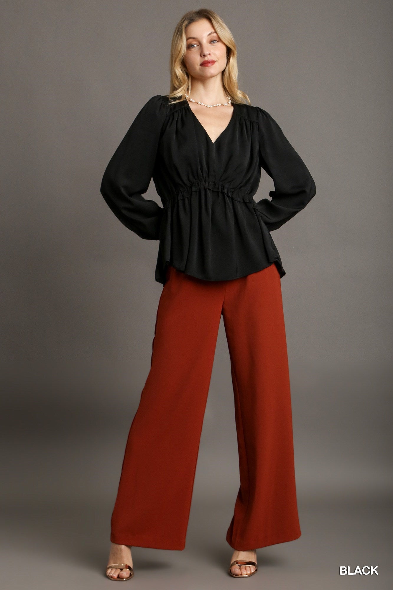 Black Satin V-Neck Baby Doll Top With Smocked Cuffs Secondary image