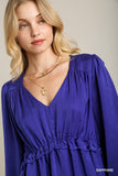 Satin V-neck Ruffle Baby Doll Top With Cuffed Long Sleeve