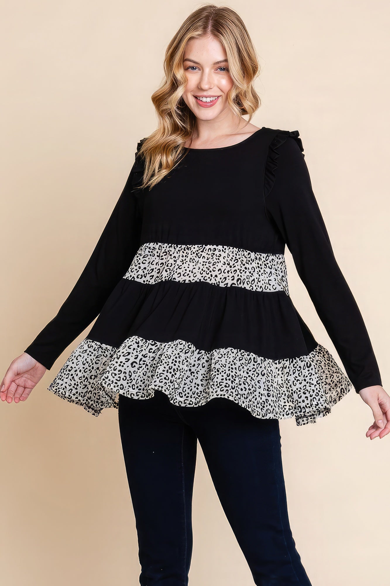 Black Tiered Top with Animal Print Mesh Contrast Secondary image