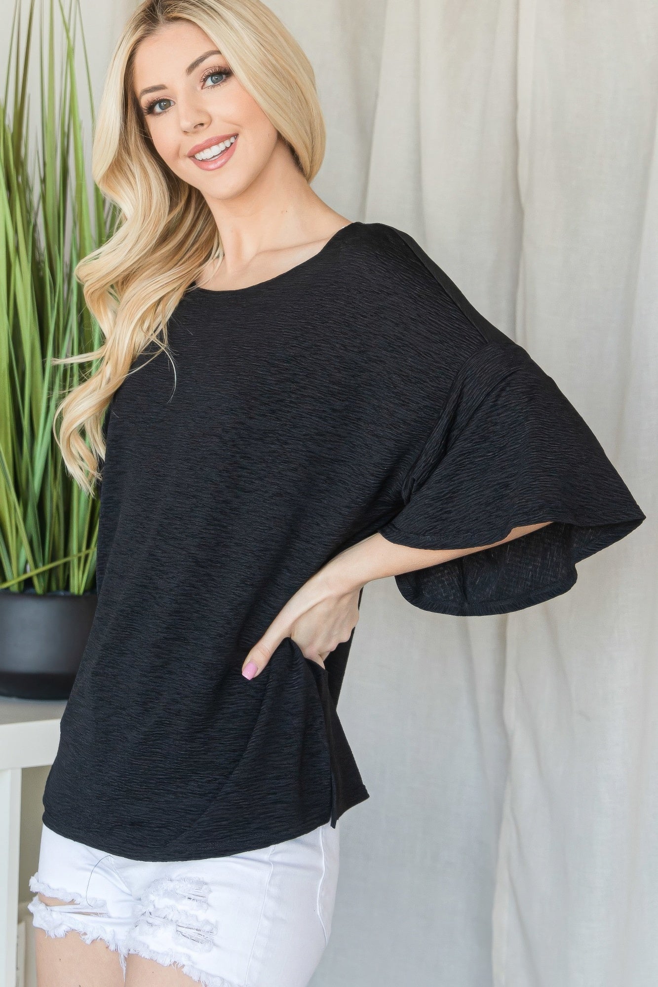 Black Rayon Top with Flared Sleeves Secondary image