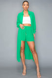 Chiffon Button Down Long Sleeve Side Slit Long Top With Short Set