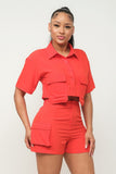 Front Button Down Side Pockets Top And Shorts Set