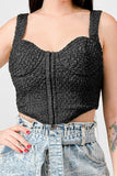 Crinkle Stretch Knit Sweetheart Hooked Bustier Cropped Top