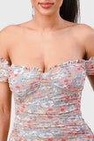 Floral Print Mesh Sweetheart Ruffled Off Shoulder Ruched Mini Dress