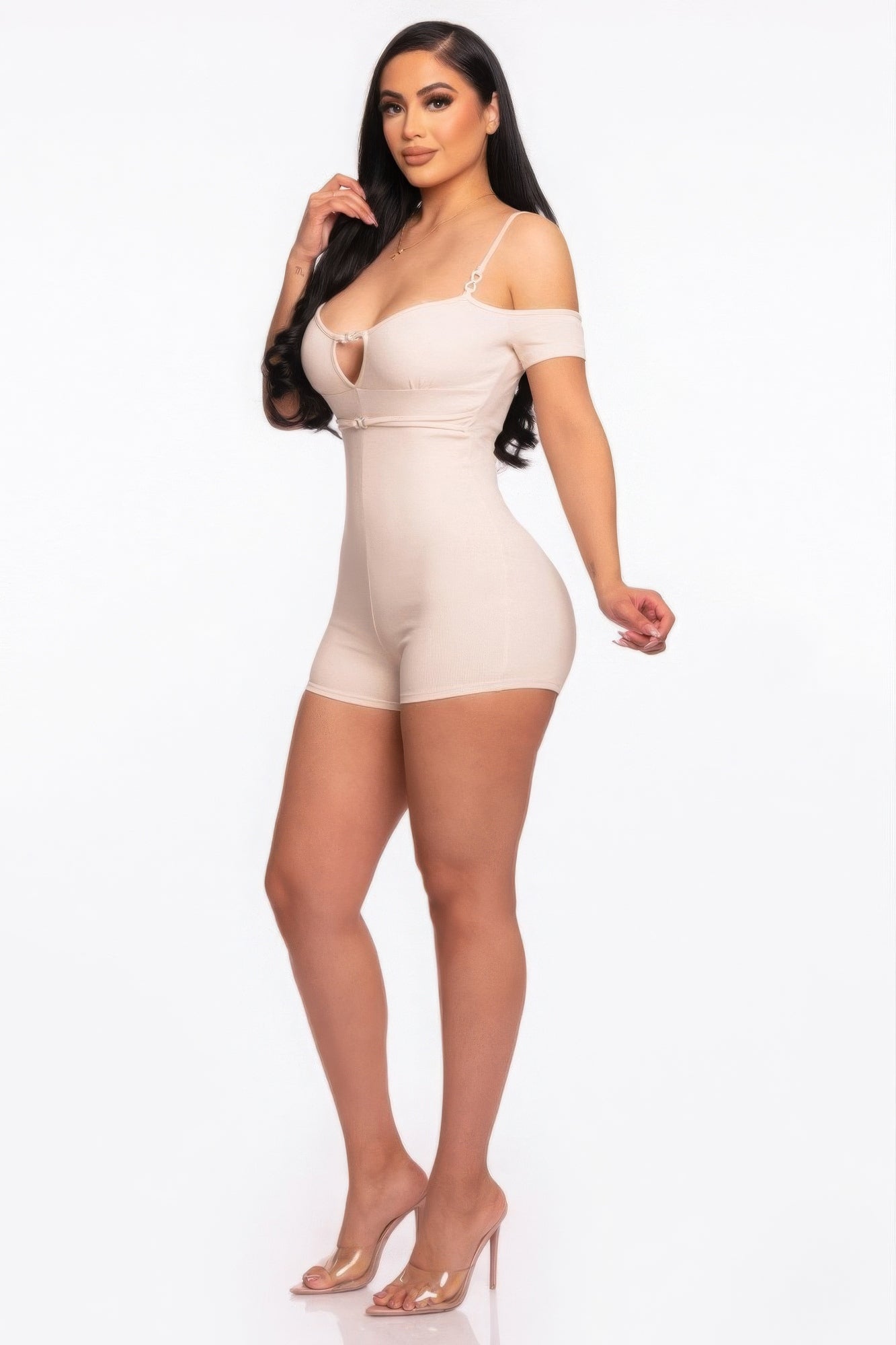 Nude Off-Shoulder Cutout Knit Romper Secondary image