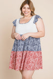 Plus Size Floral Color Block Contrast Tiered Babydoll Dress