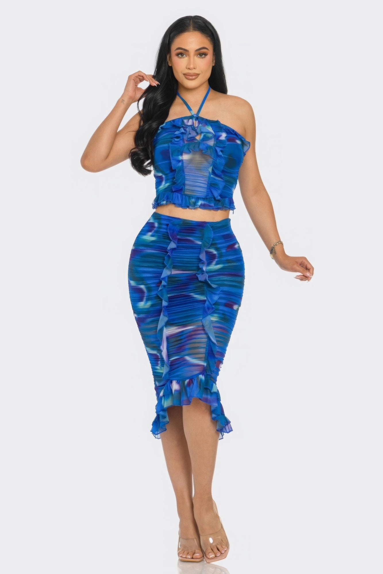 Blue Tropical Print Mesh Halter Skirt Set Secondary image