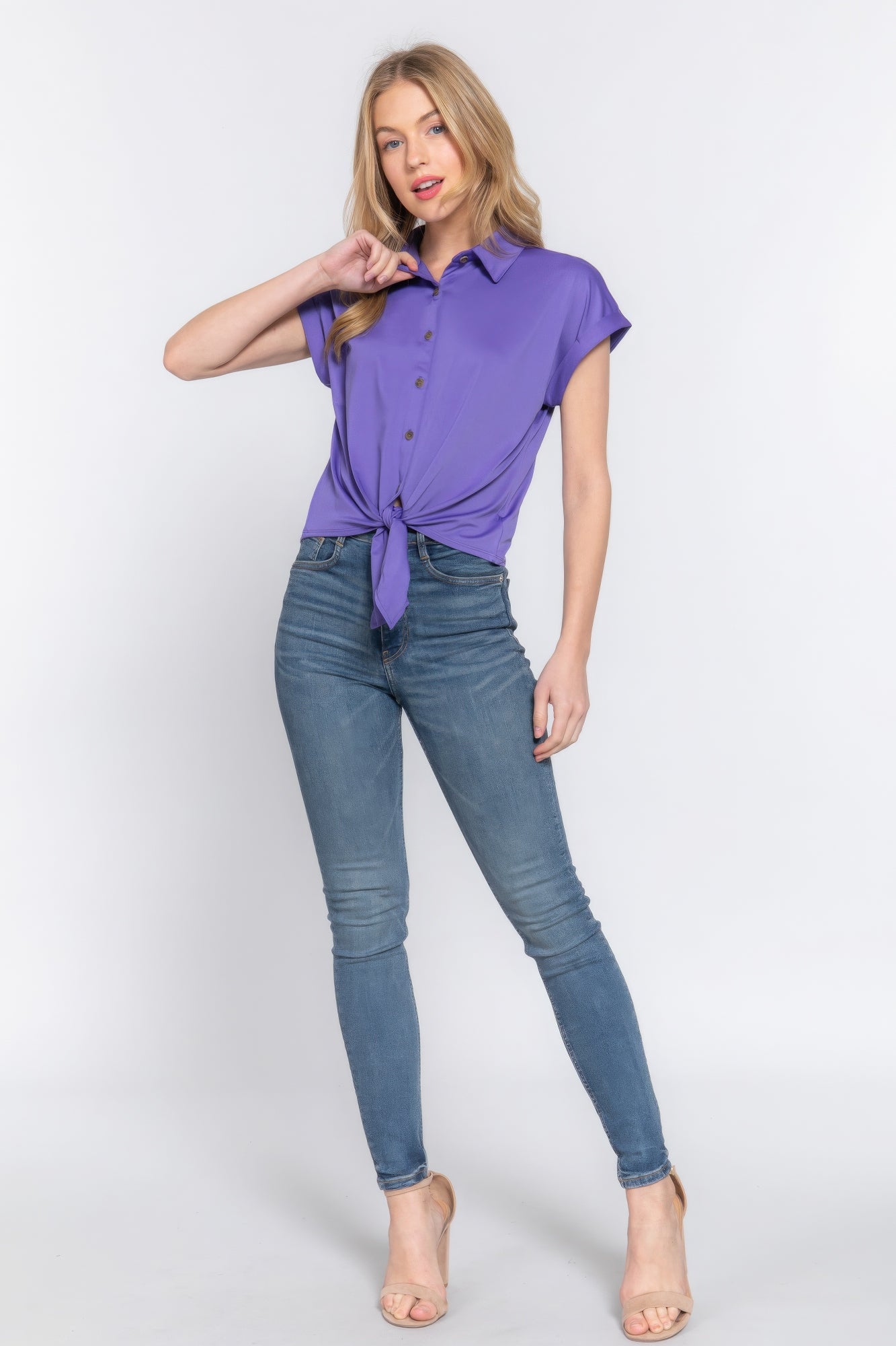 Purple Short-Sleeve Tie-Front Button Top Secondary image