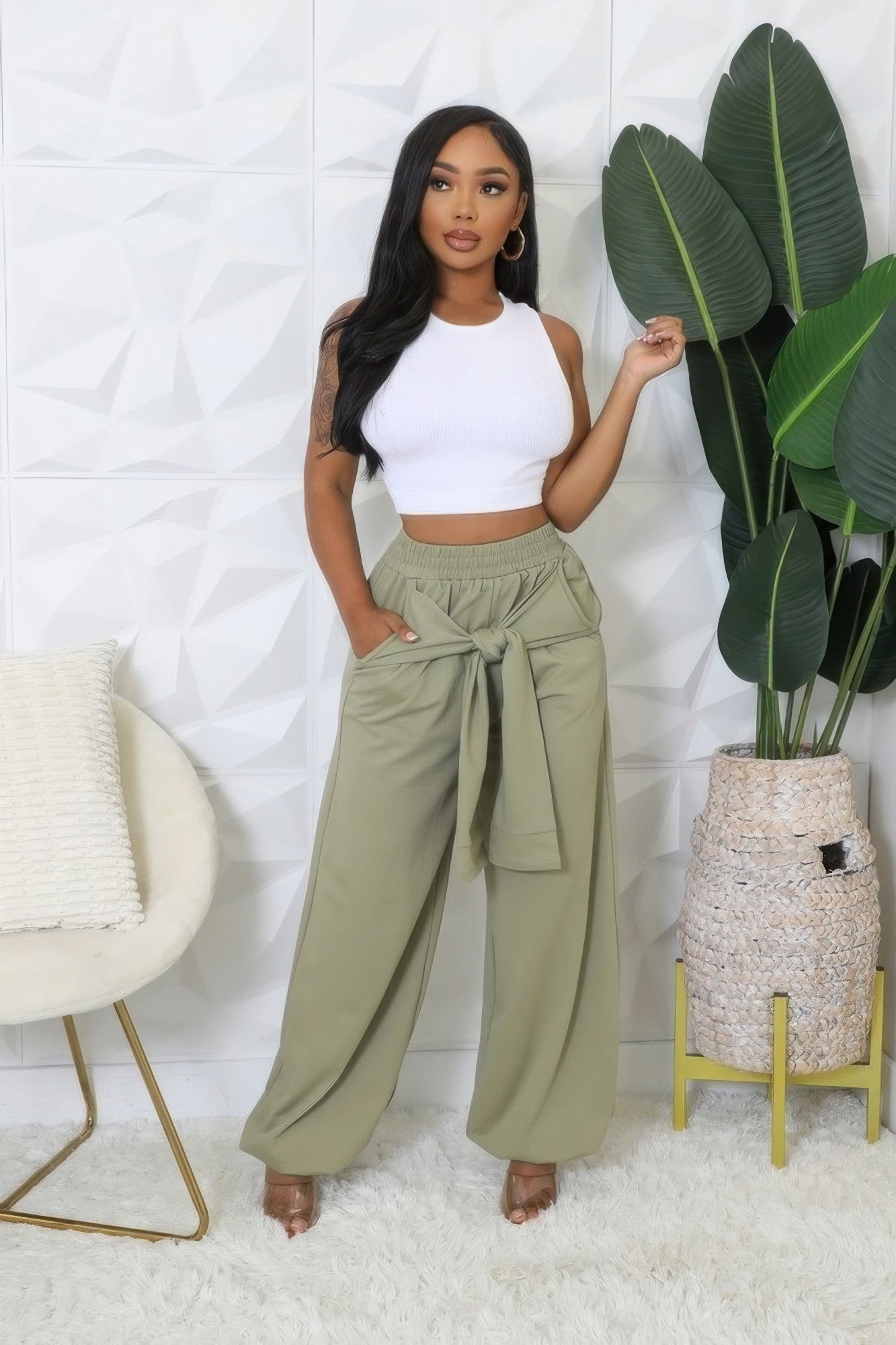 Olive High-Waisted Wide-Leg Stretch Pants Secondary image