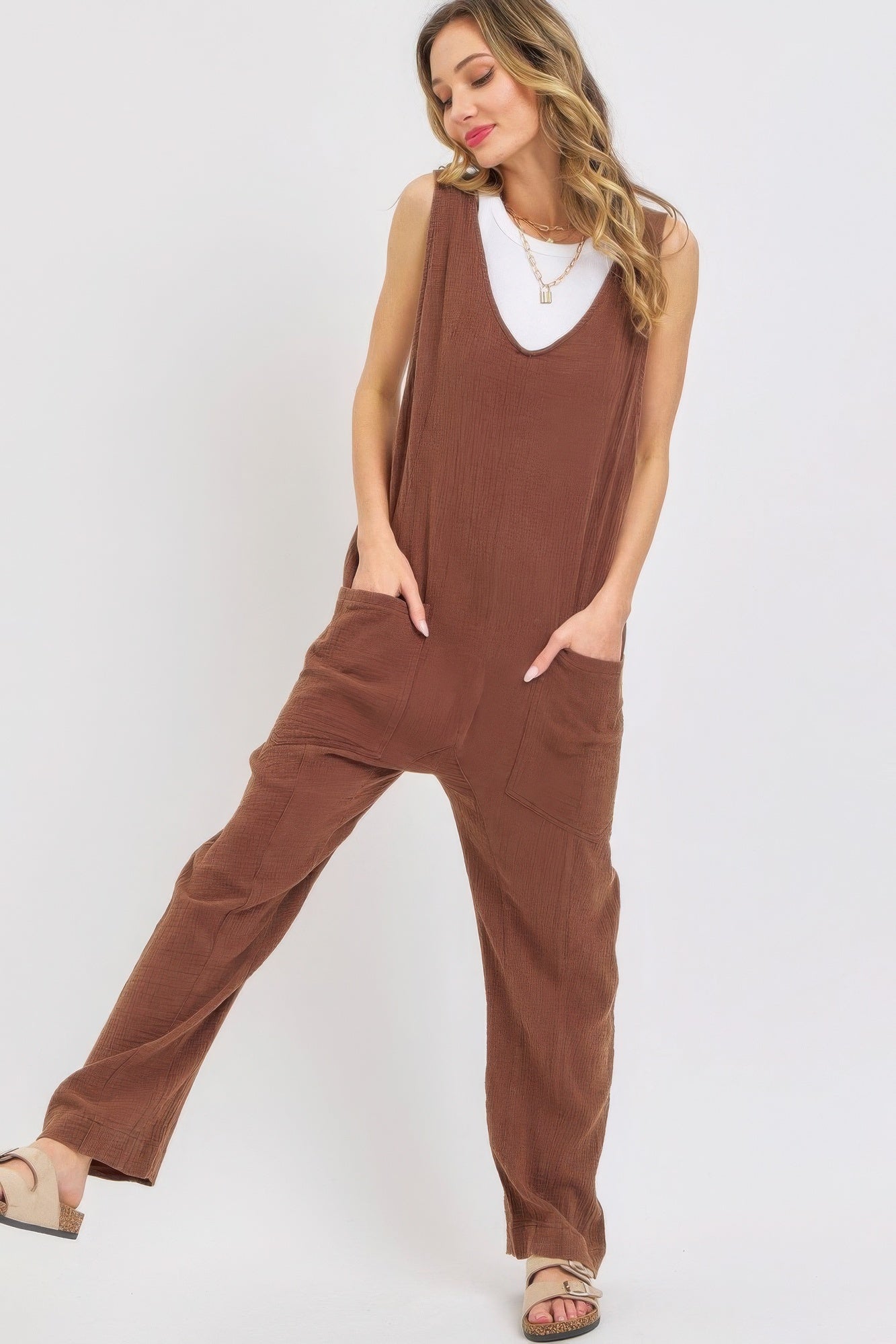 Brown Cotton Gauze Pocket Jumpsuit Secondary image