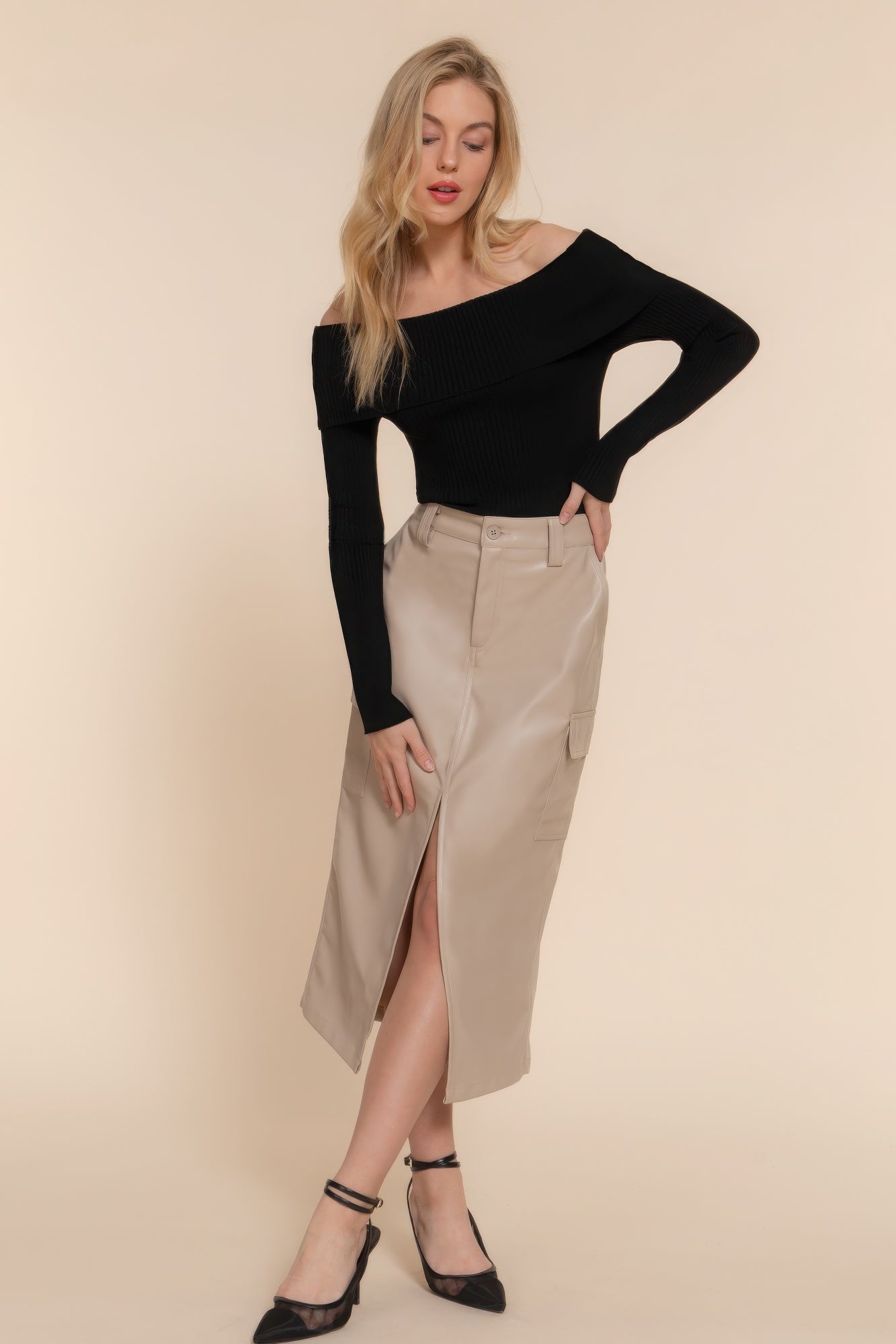 Dark Beige Faux Leather Cargo Midi Skirt Secondary image