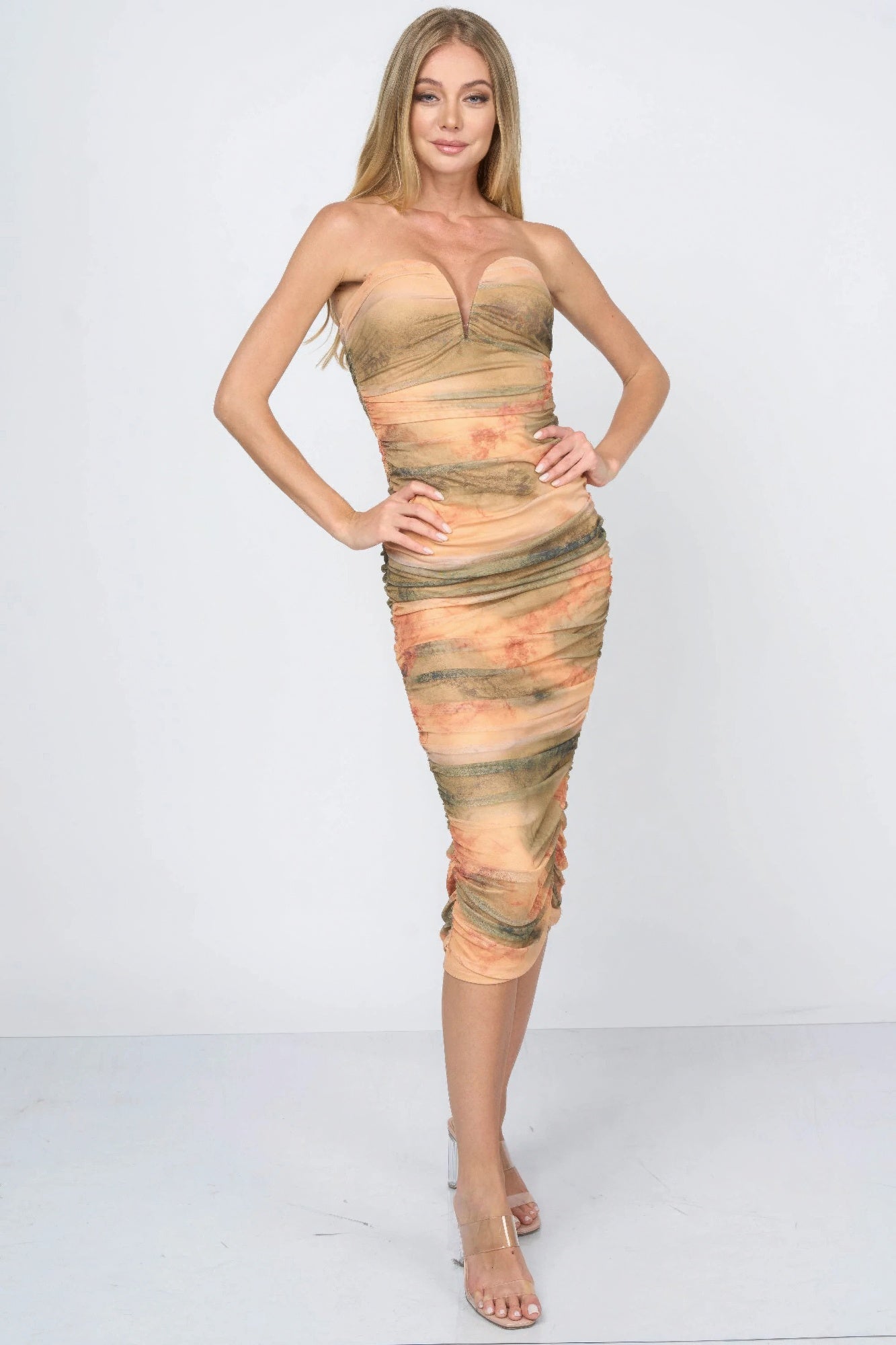 Orange and Olive Ruched Mesh Midi Dress Secondary image