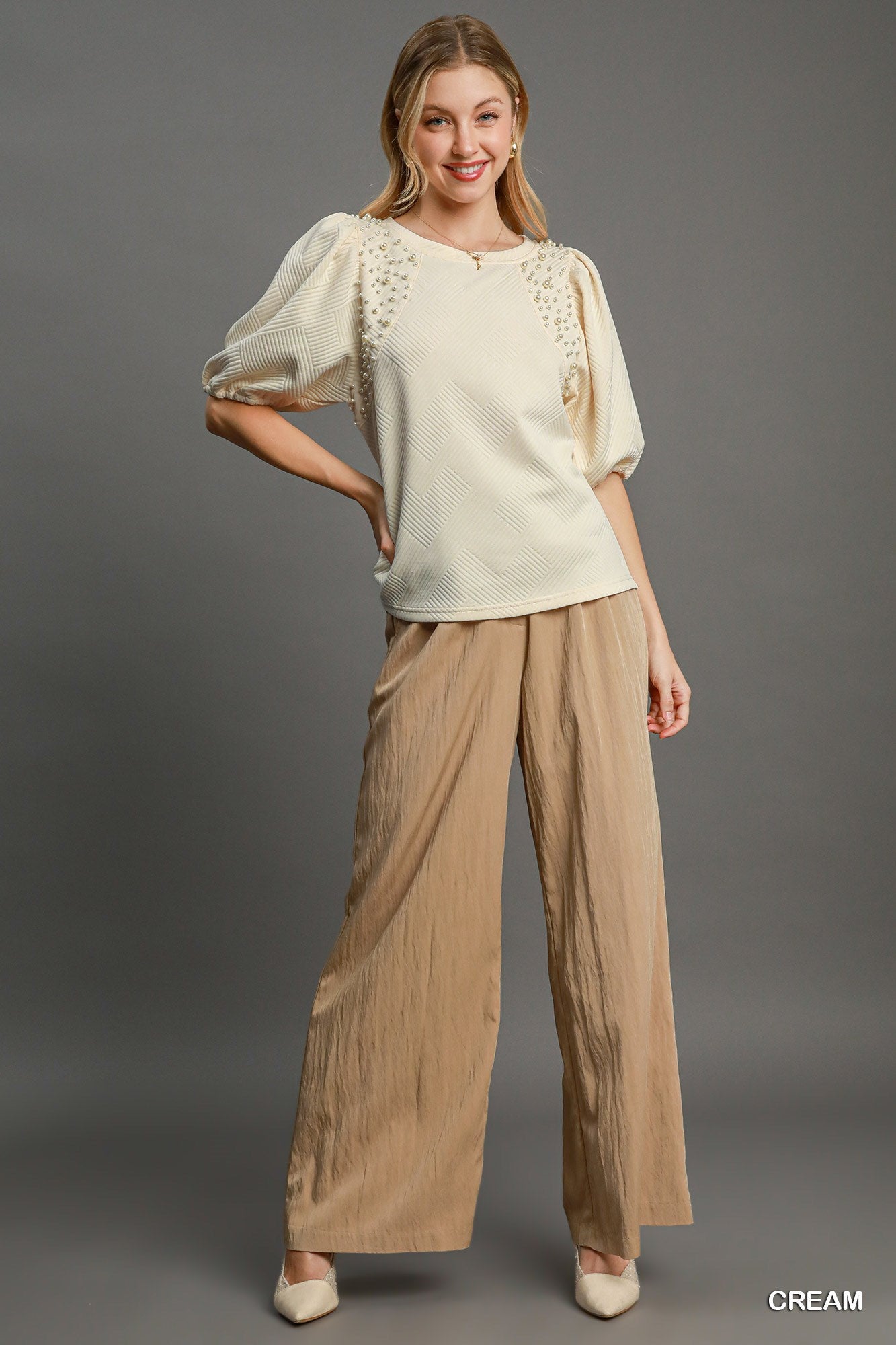 Cream Pearl-Detail Puff Sleeve Knit Top Secondary image