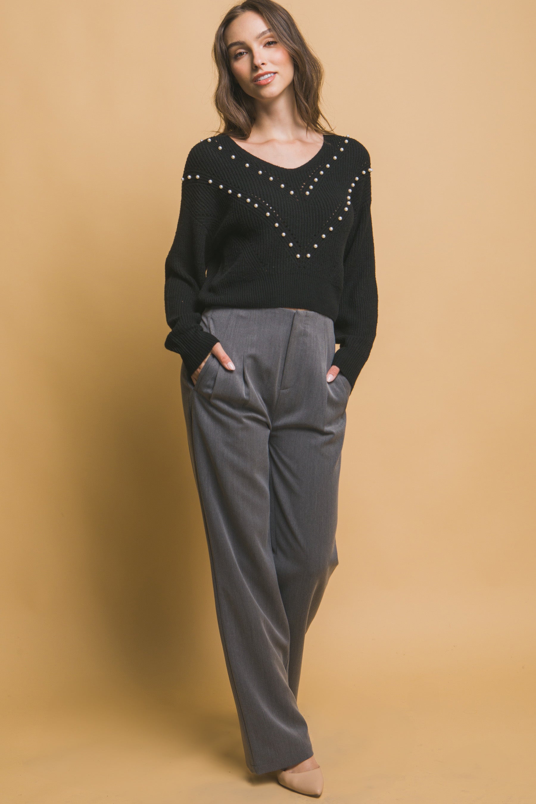 Black Ribbed Sweater with Pearl Details Secondary image