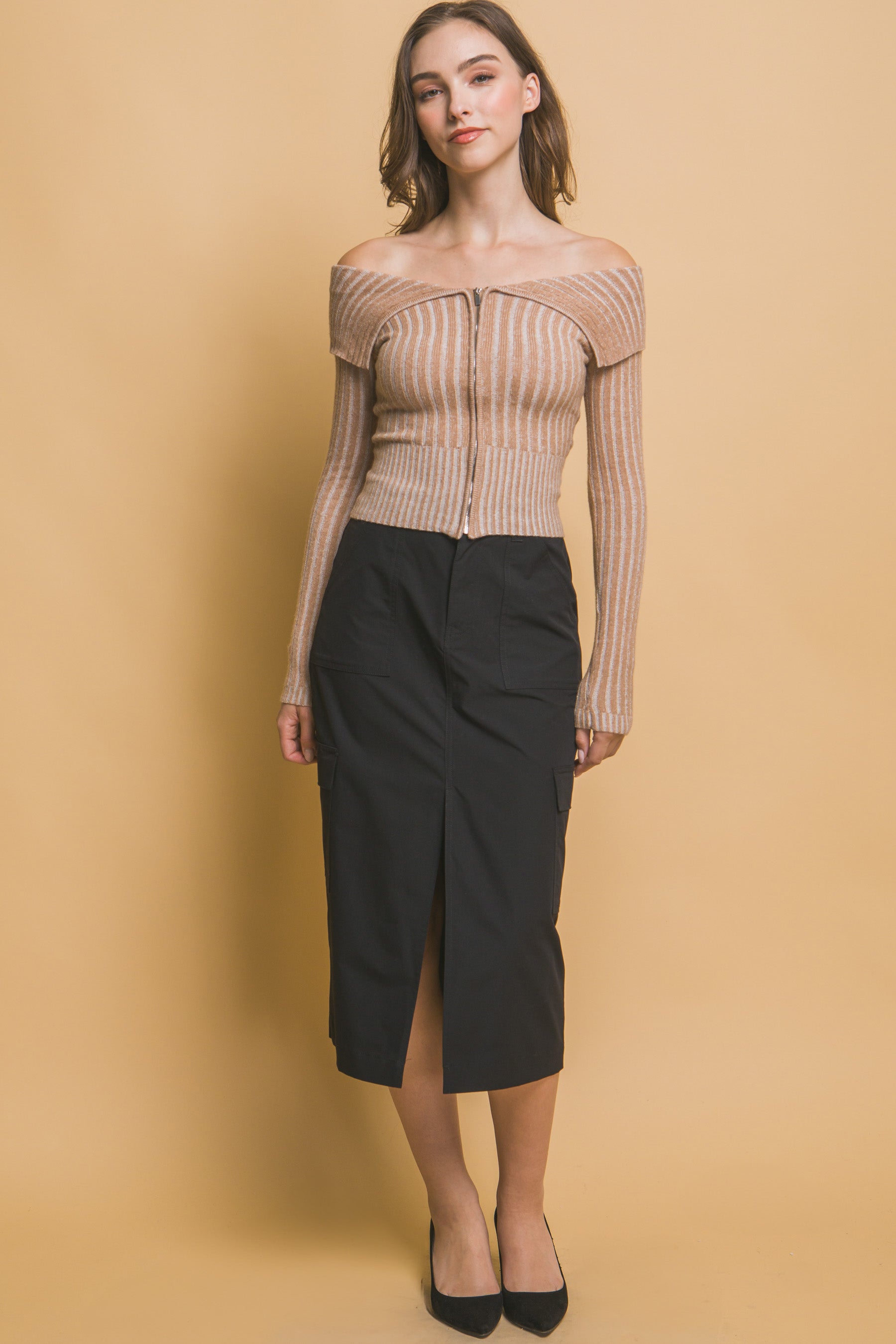 Striped Ribbed Bardot Zip-Front Top Secondary image