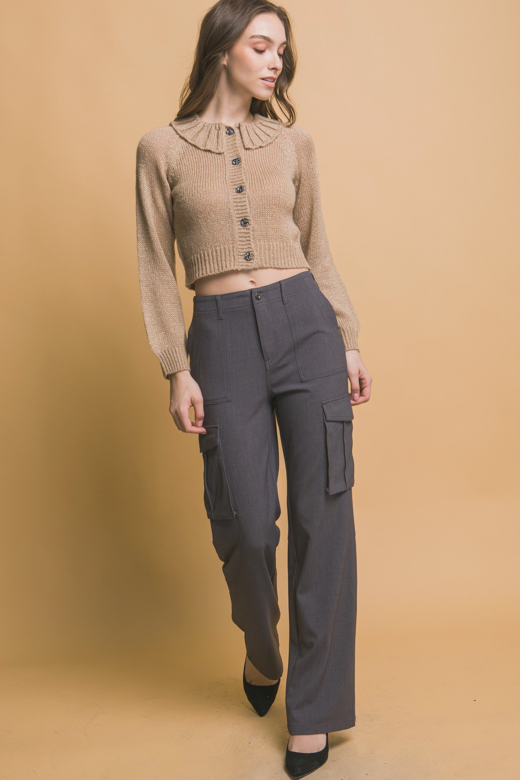 Khaki Cropped Collared Button-Front Sweater Secondary image