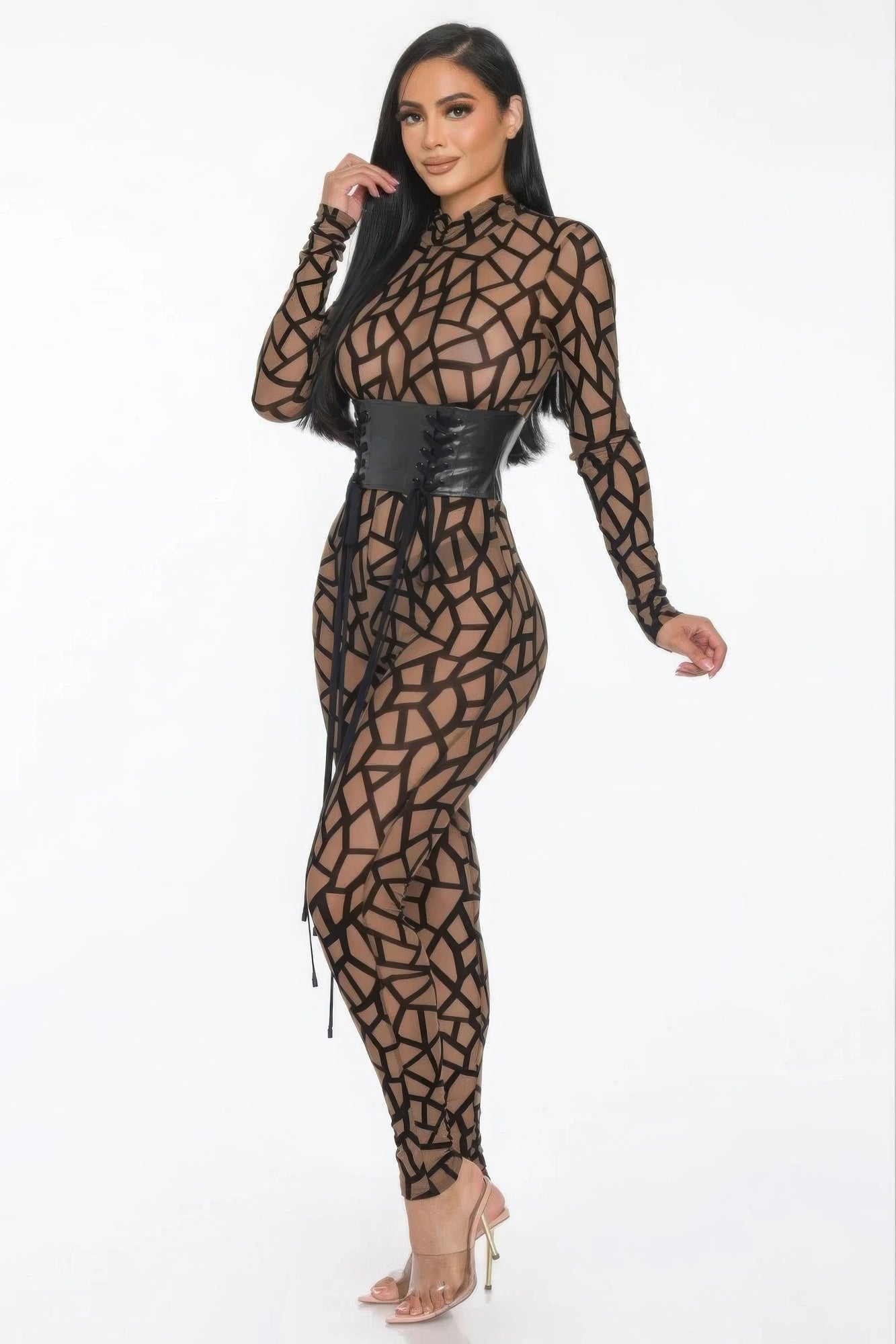 Brown Geometric Mesh Jumpsuit with Corset Waist Secondary image