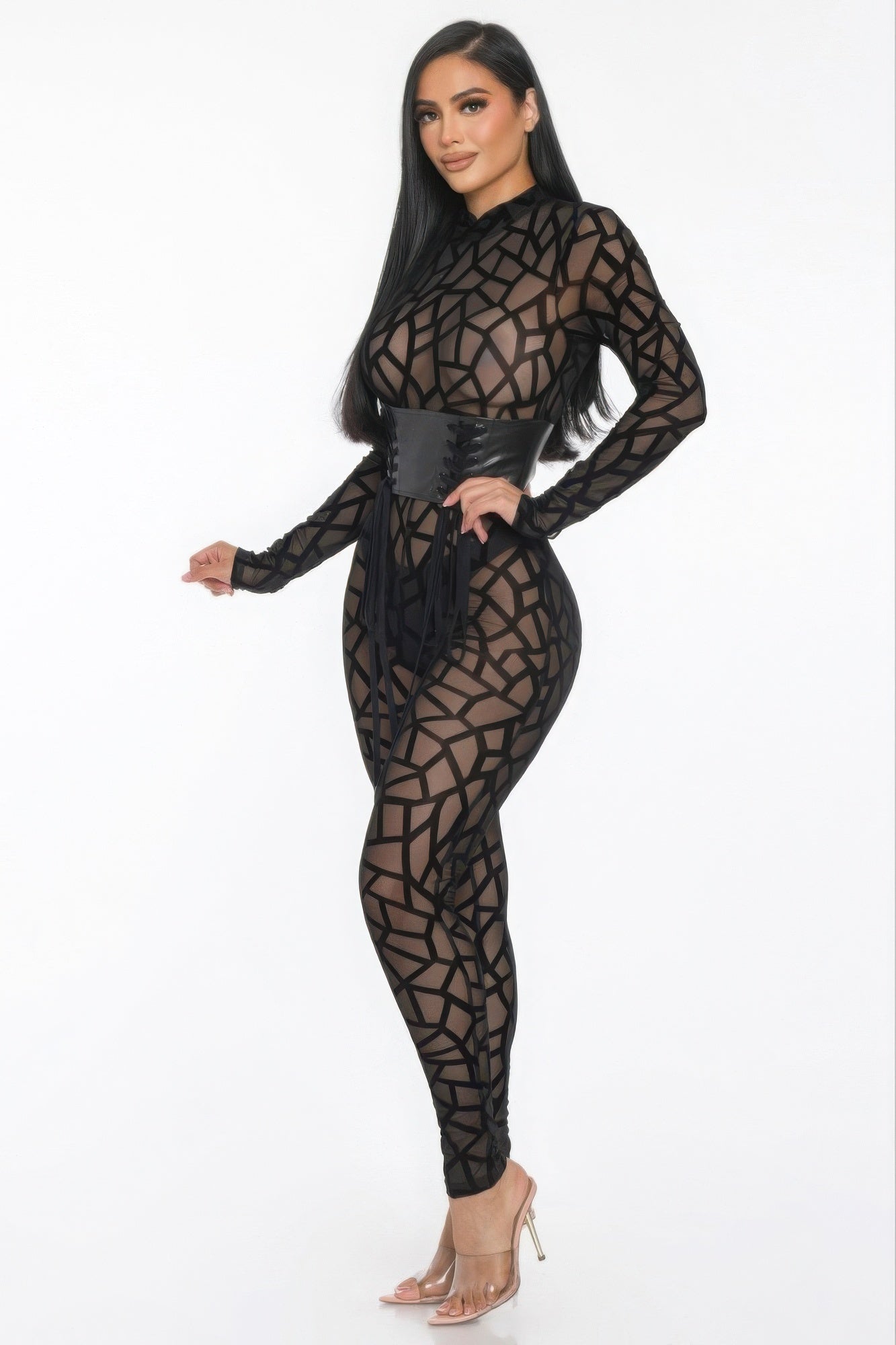 Black Geometric Mesh Corset Jumpsuit Secondary image