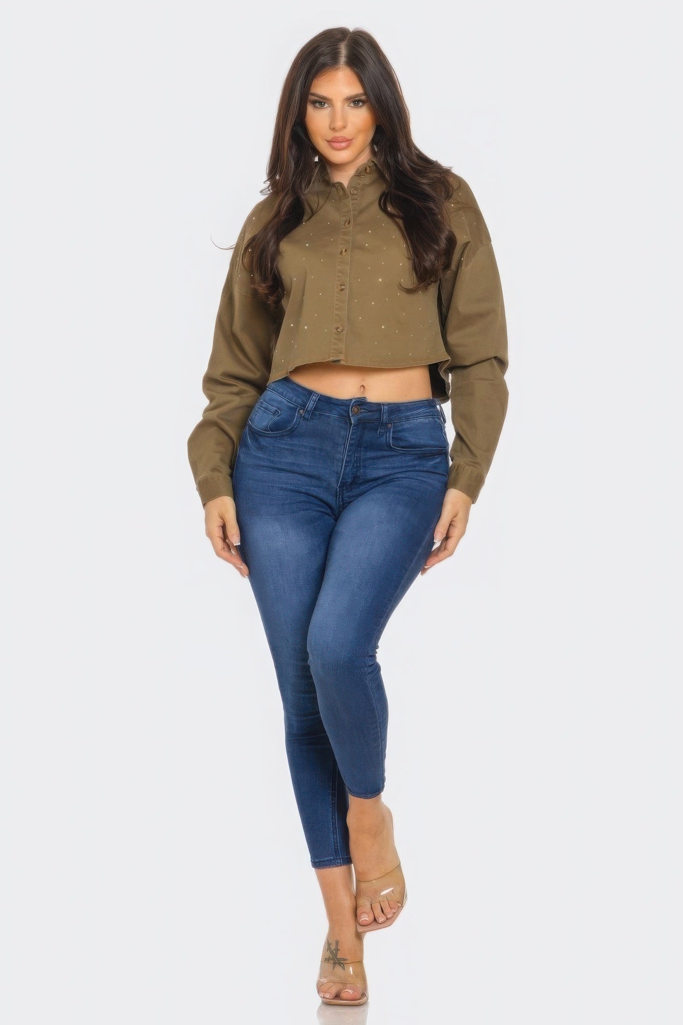Olive Rhinestone Cropped Button-Down Shirt Secondary image